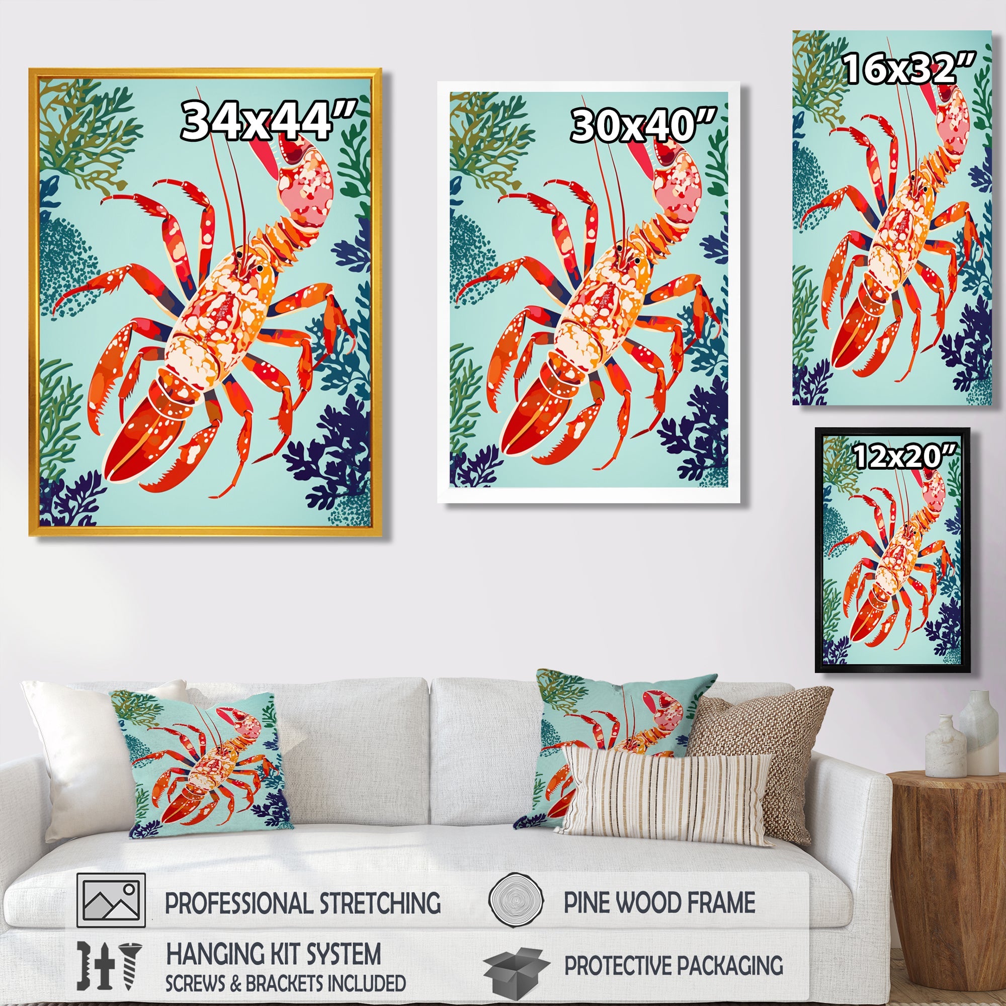 Deep Sea Lobster Retro Illustration - Lobster Large Canvas Wall Art