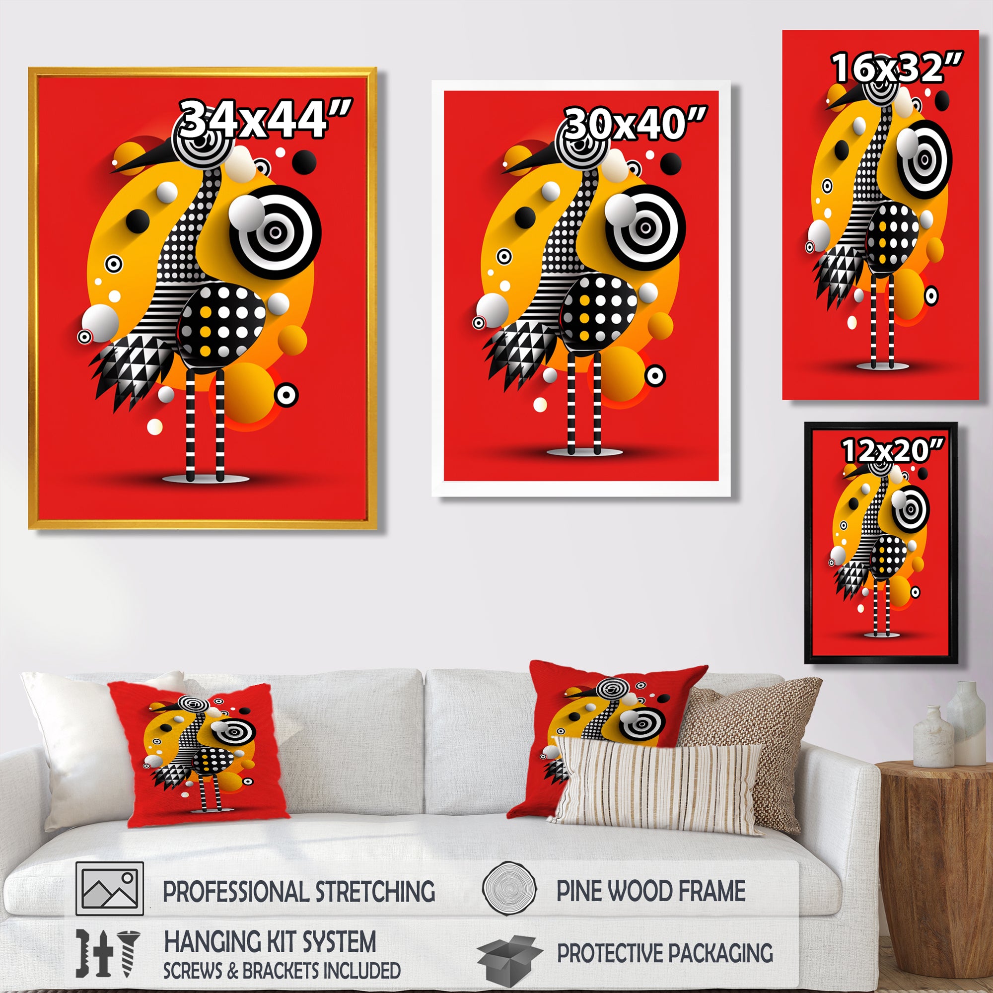 Retro Abstract Flamingo Graphic Geometrics - Flamingo Living Room Wall Art