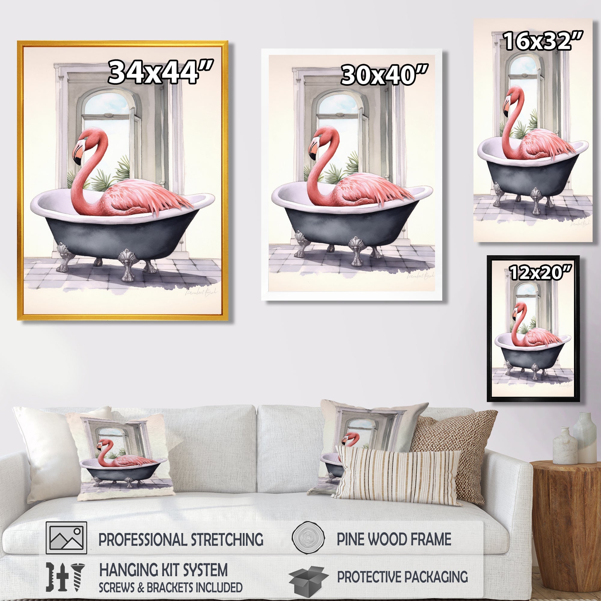 Pink Flamingo In Bathtub - Flamingo Bedroom Wall Art