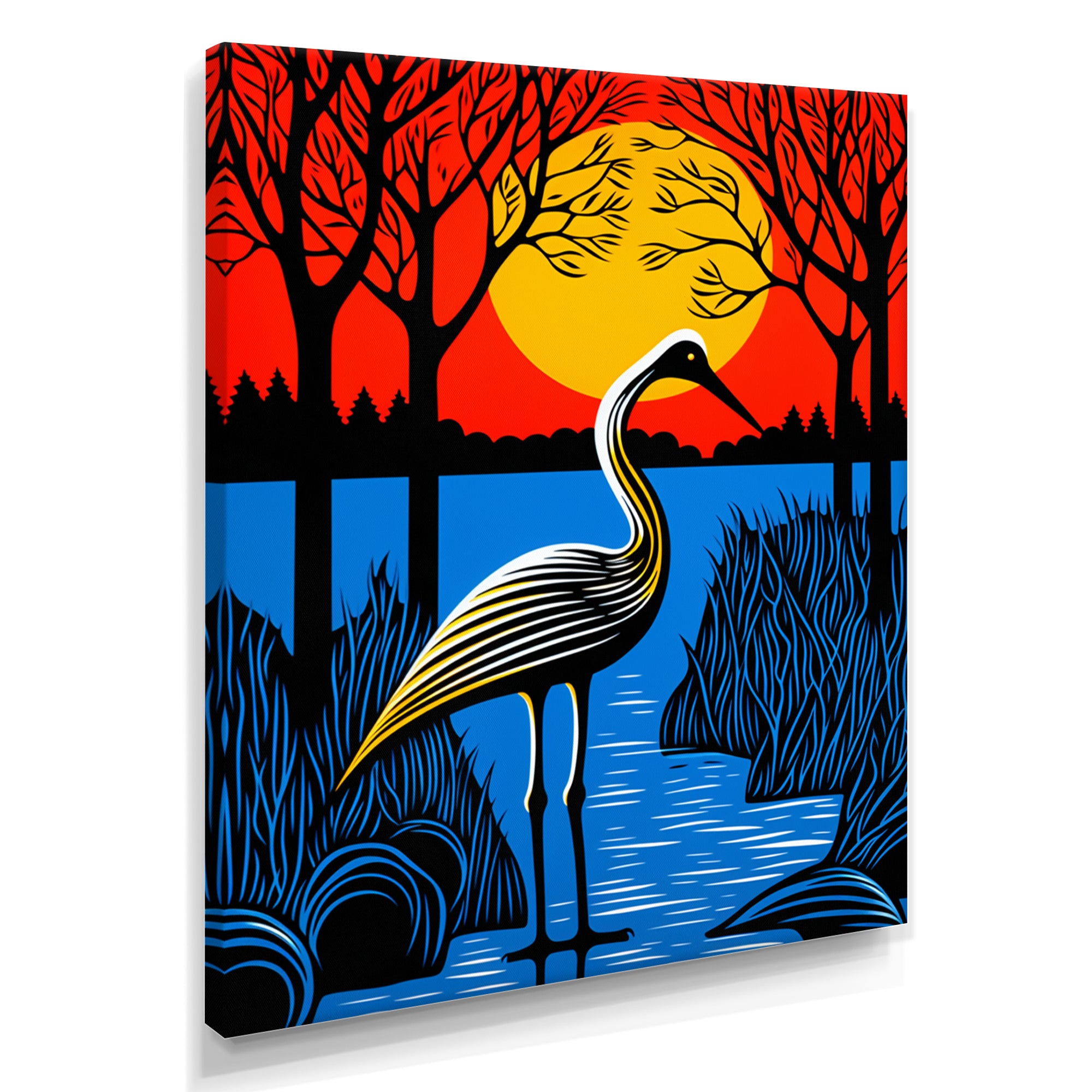 Stork By The Full Moon River - Pelican Canvas Wall Art