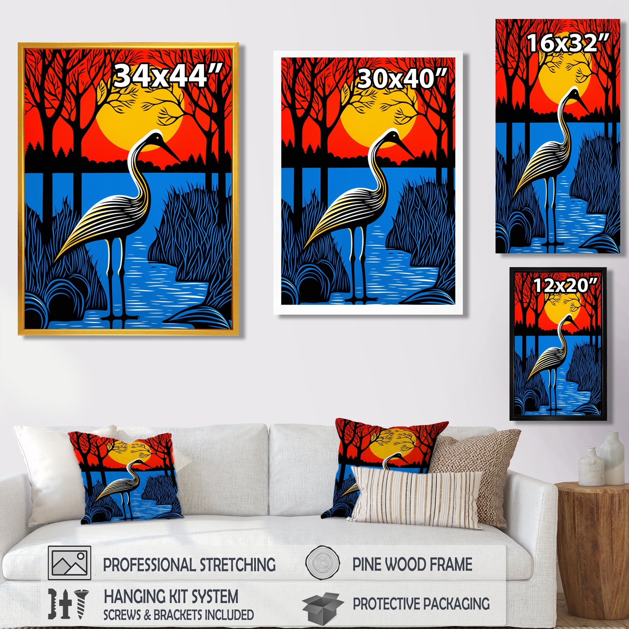 Stork By The Full Moon River - Pelican Canvas Wall Art
