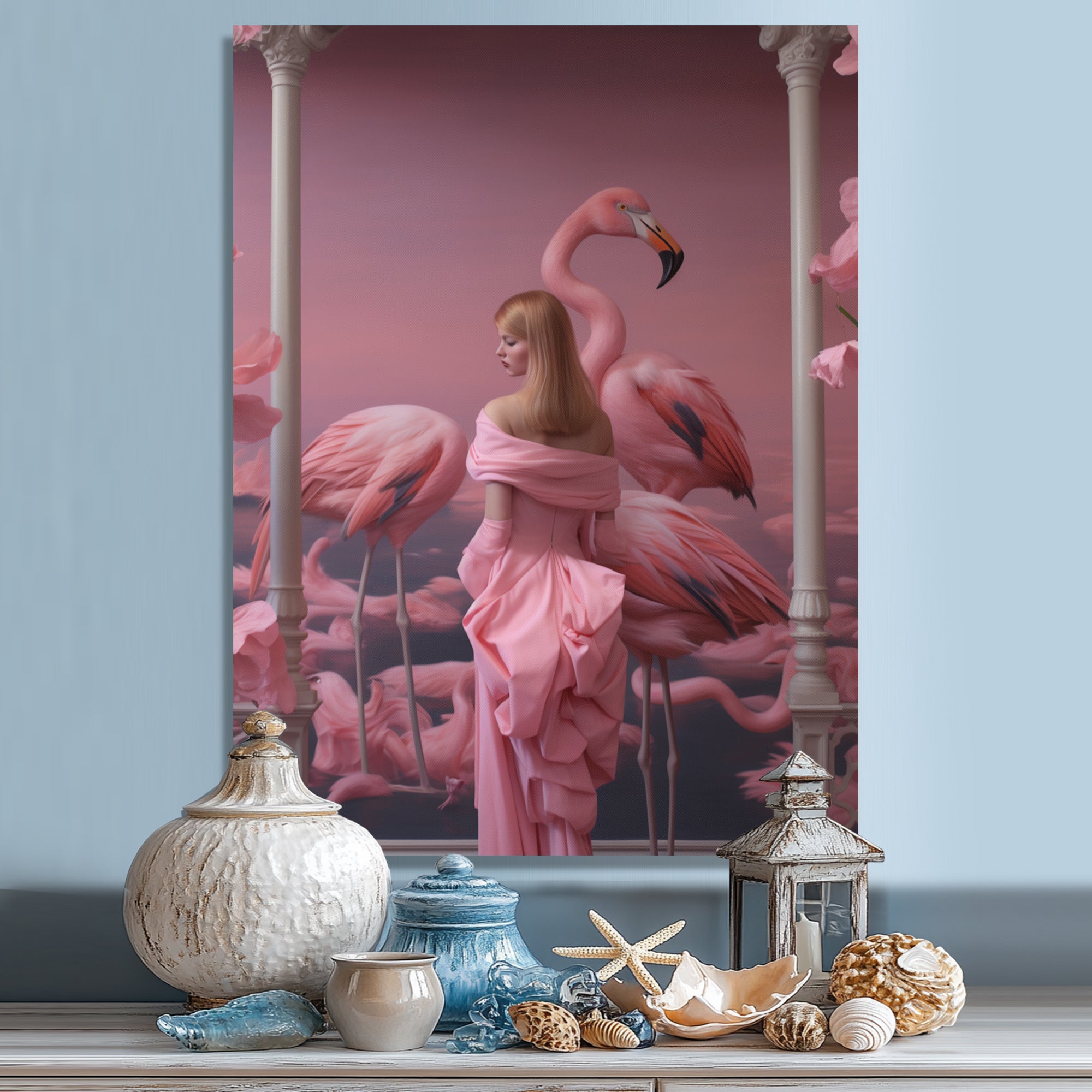 Pink Lady With Pink Flamingos - Flamingo Canvas Wall Art