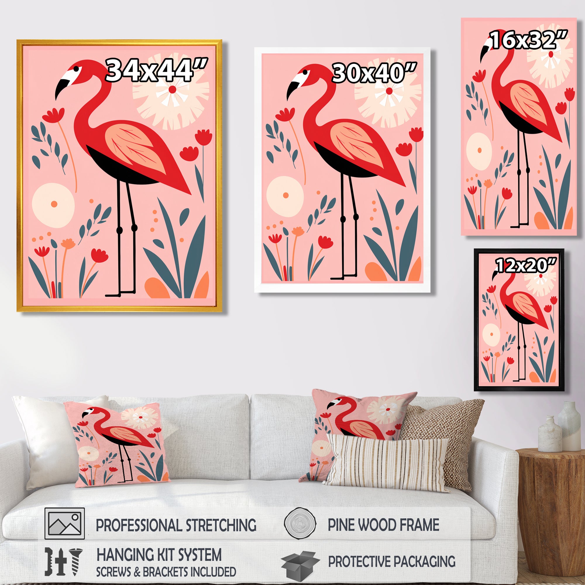 Pink Flamingo Retro Illustration - Flamingo Wall Decor