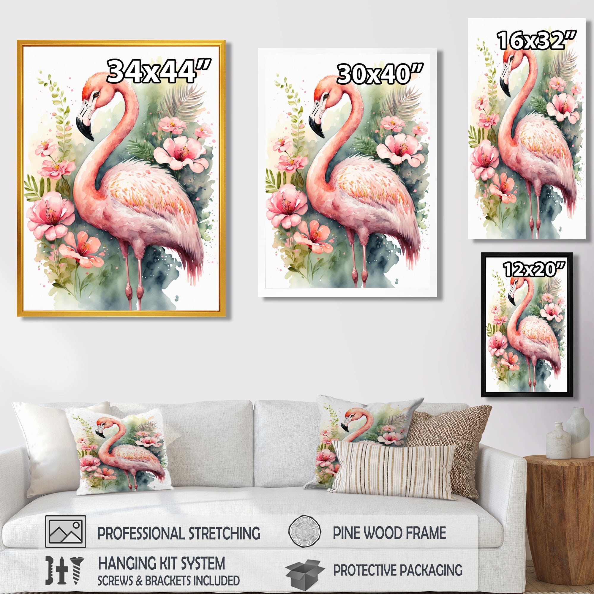 Pink Flamingo Floral Watercolor - Flamingo Wall Art Prints