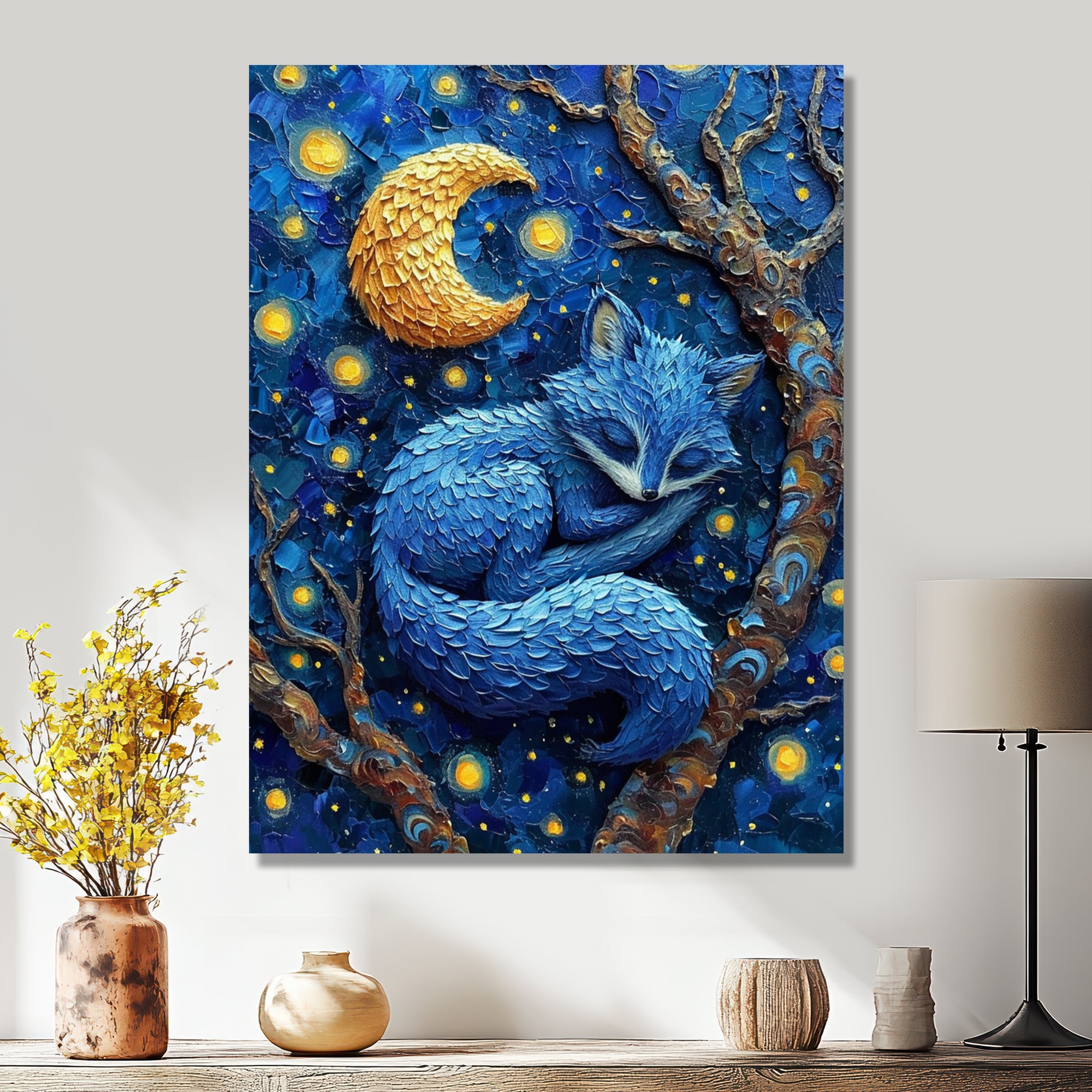 Cute Blue Fox Sleeping Under Full Moon - Blue Fox Wall Art