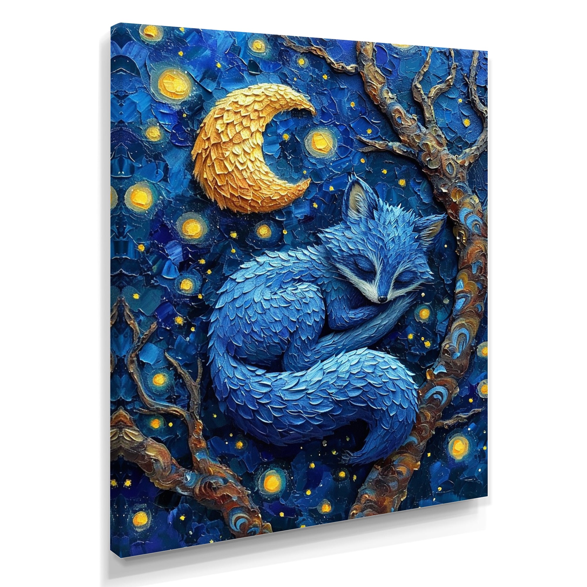 Cute Blue Fox Sleeping Under Full Moon - Blue Fox Wall Art