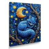 Cute Blue Fox Sleeping Under Full Moon - Blue Fox Wall Art
