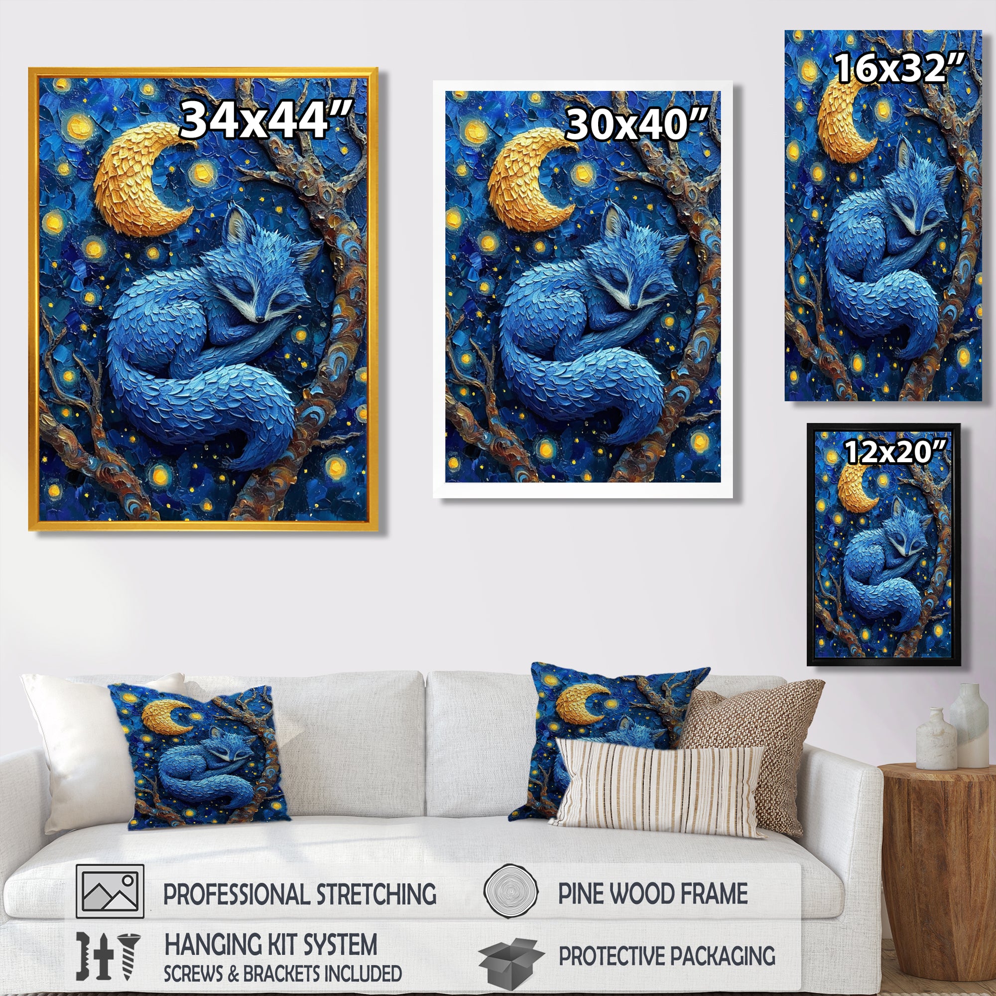 Cute Blue Fox Sleeping Under Full Moon - Blue Fox Wall Art