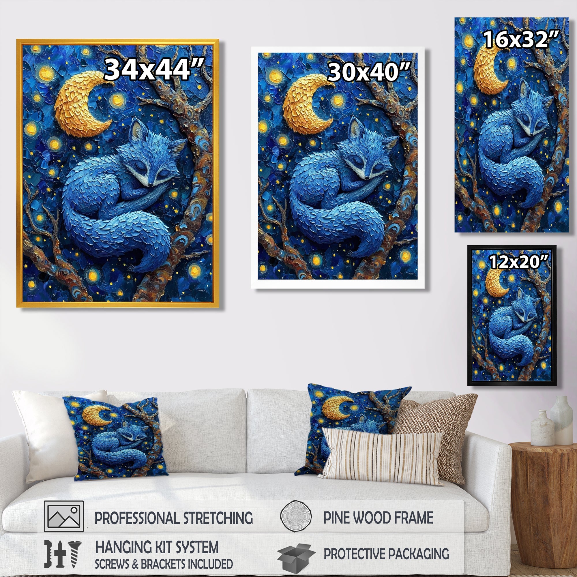 Cute Blue Fox Sleeping Under Full Moon - Blue Fox Wall Art