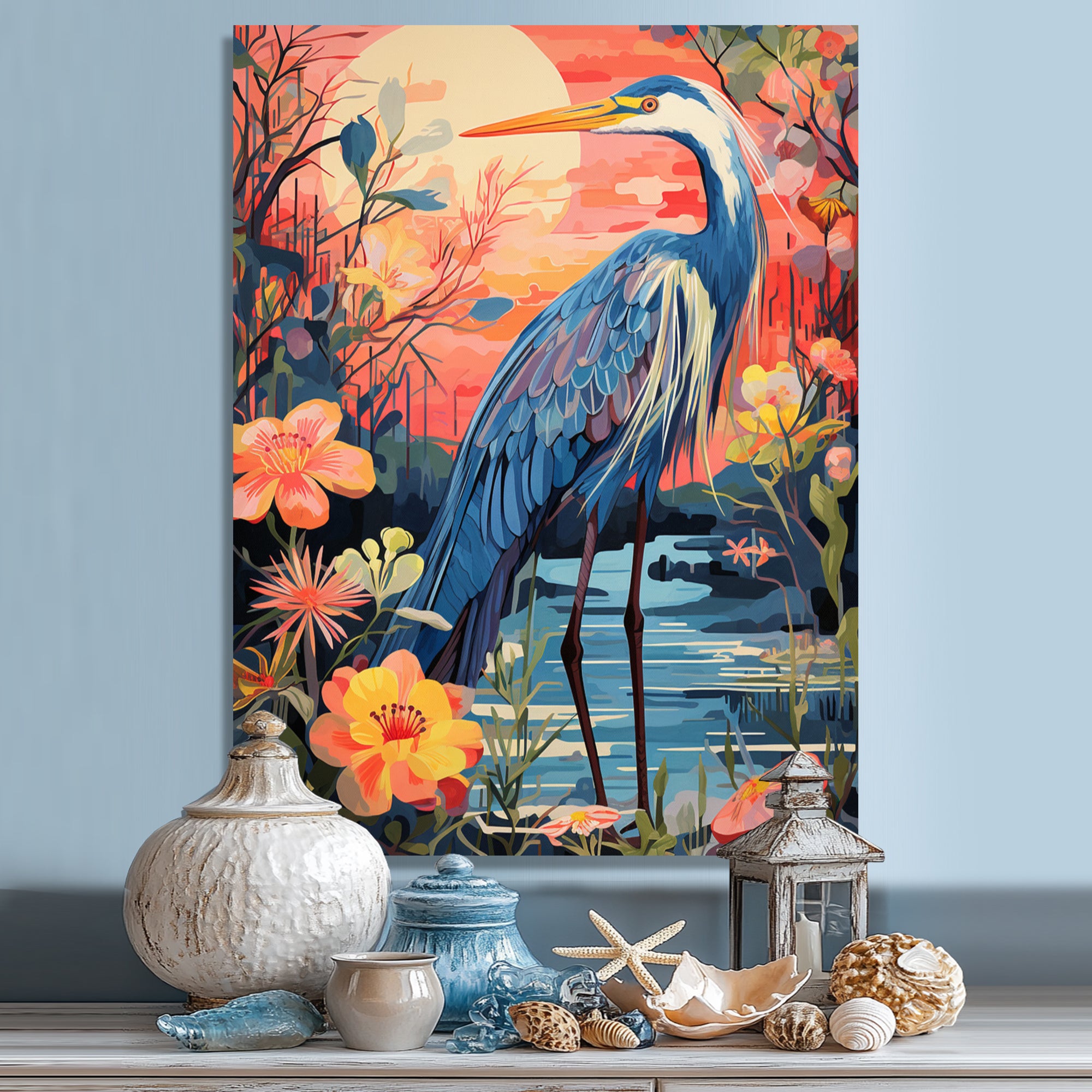Blue Heron Retro Flower Illustration - Heron Wall Art Prints