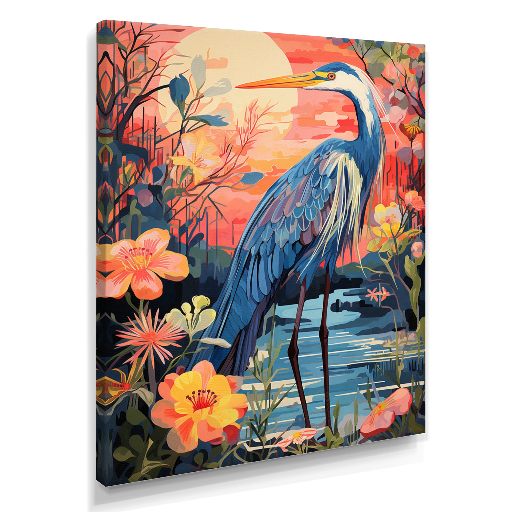 Blue Heron Retro Flower Illustration - Heron Wall Art Prints
