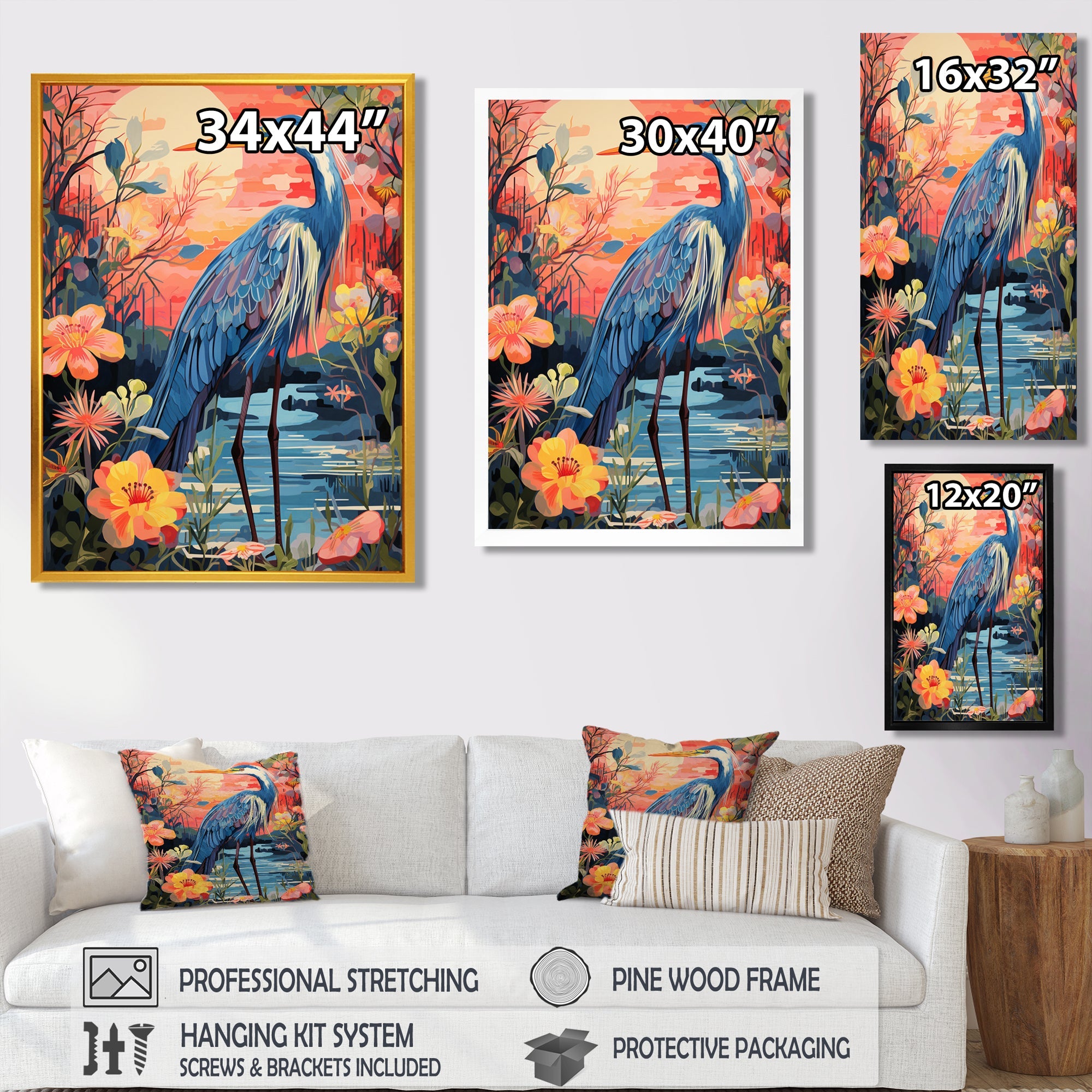 Blue Heron Retro Flower Illustration - Heron Wall Art Prints