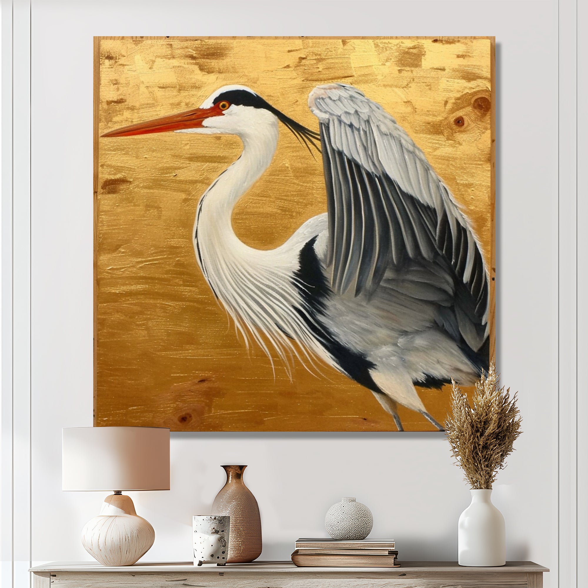 Heron Ready For Liftoff On Gold - White Heron Wall Art
