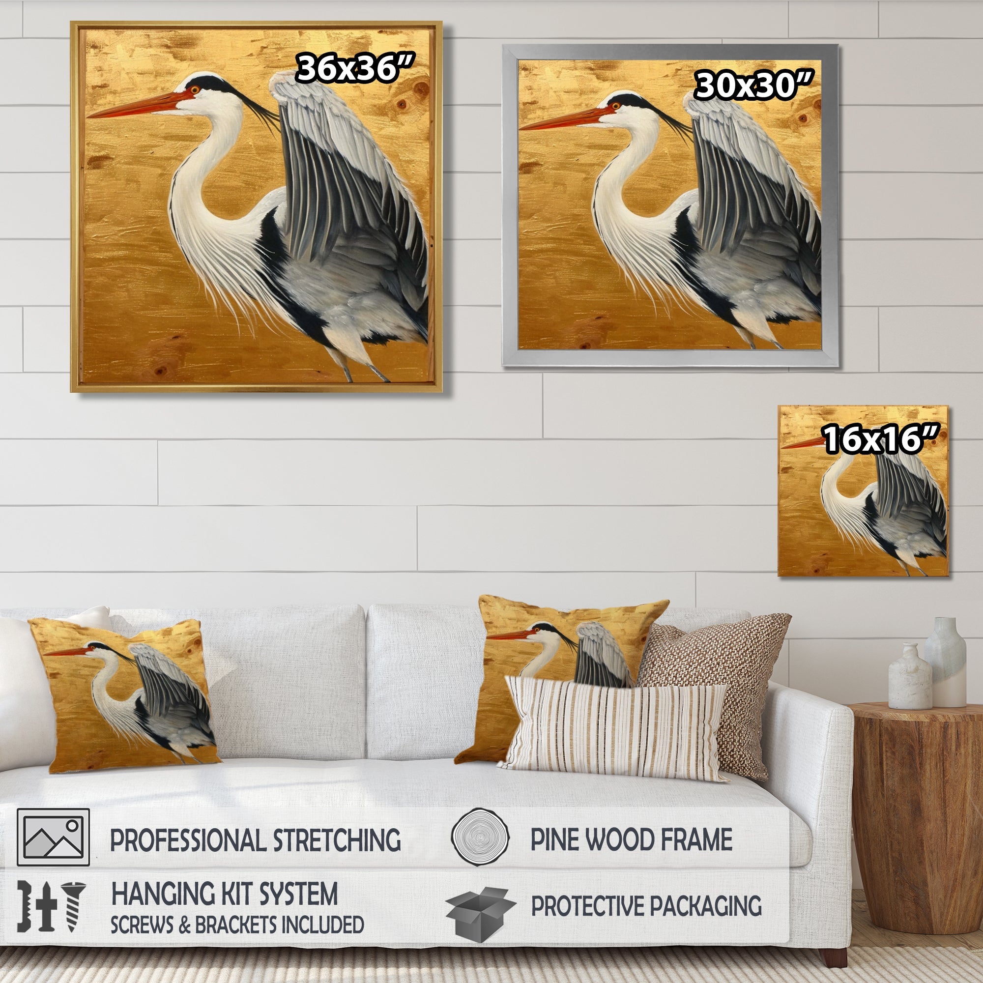 Heron Ready For Liftoff On Gold - White Heron Wall Art