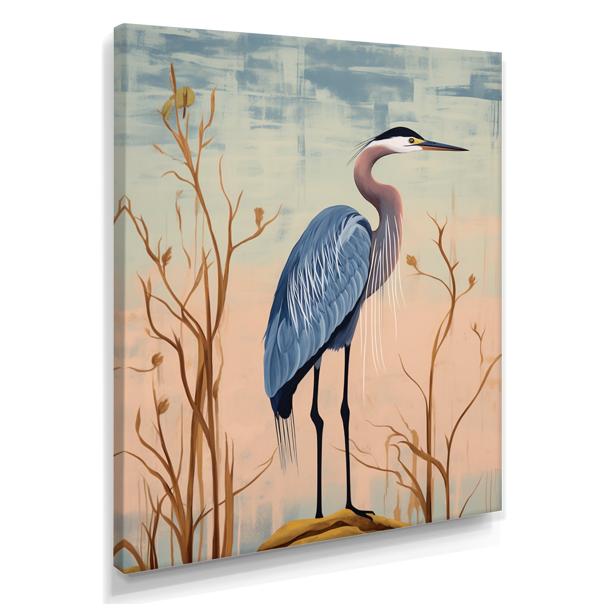Blue Heron Pink Sky Retro Illustration - Blue Heron Wall Art