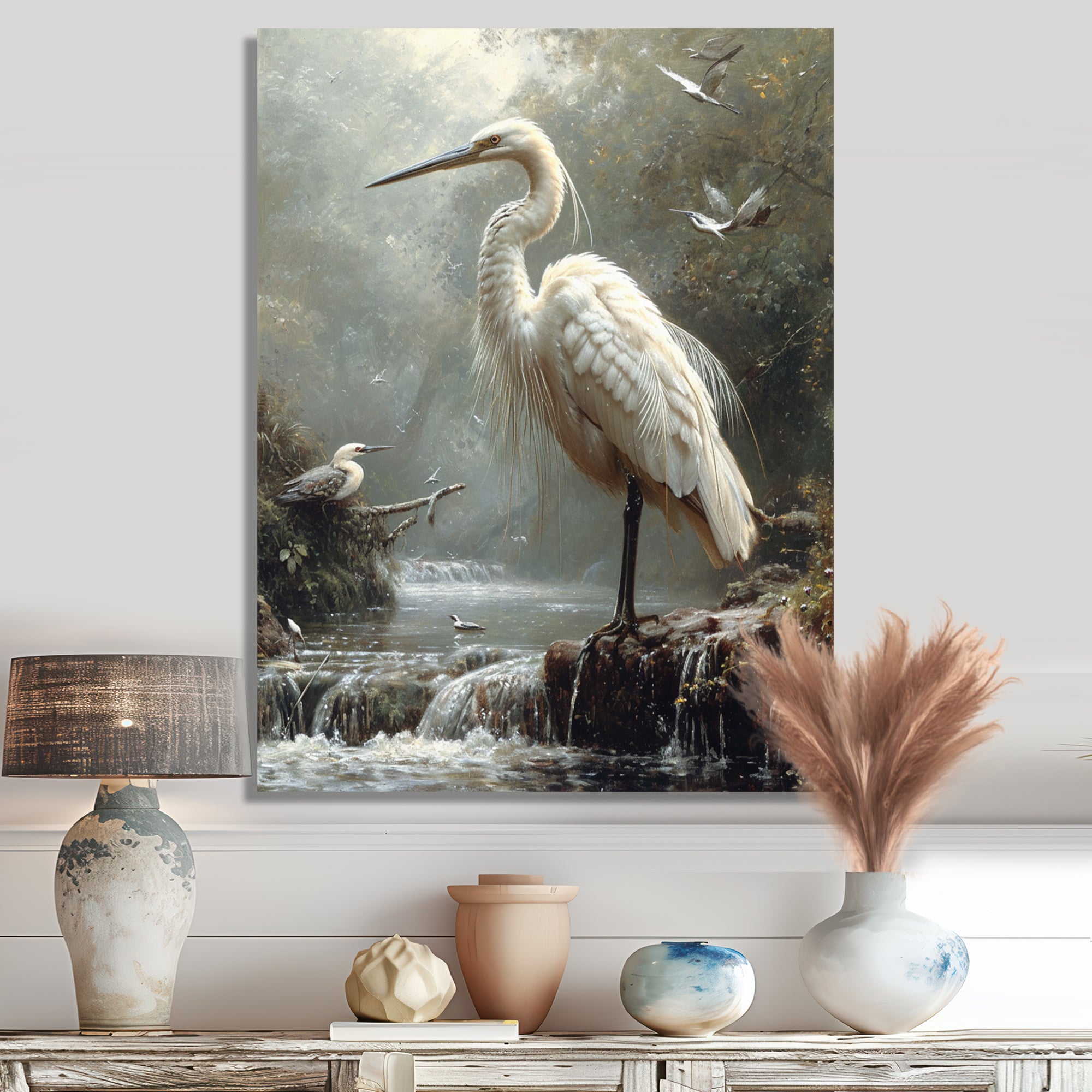 White Heron Looking For River Pray - Heron Framed Canvas Art