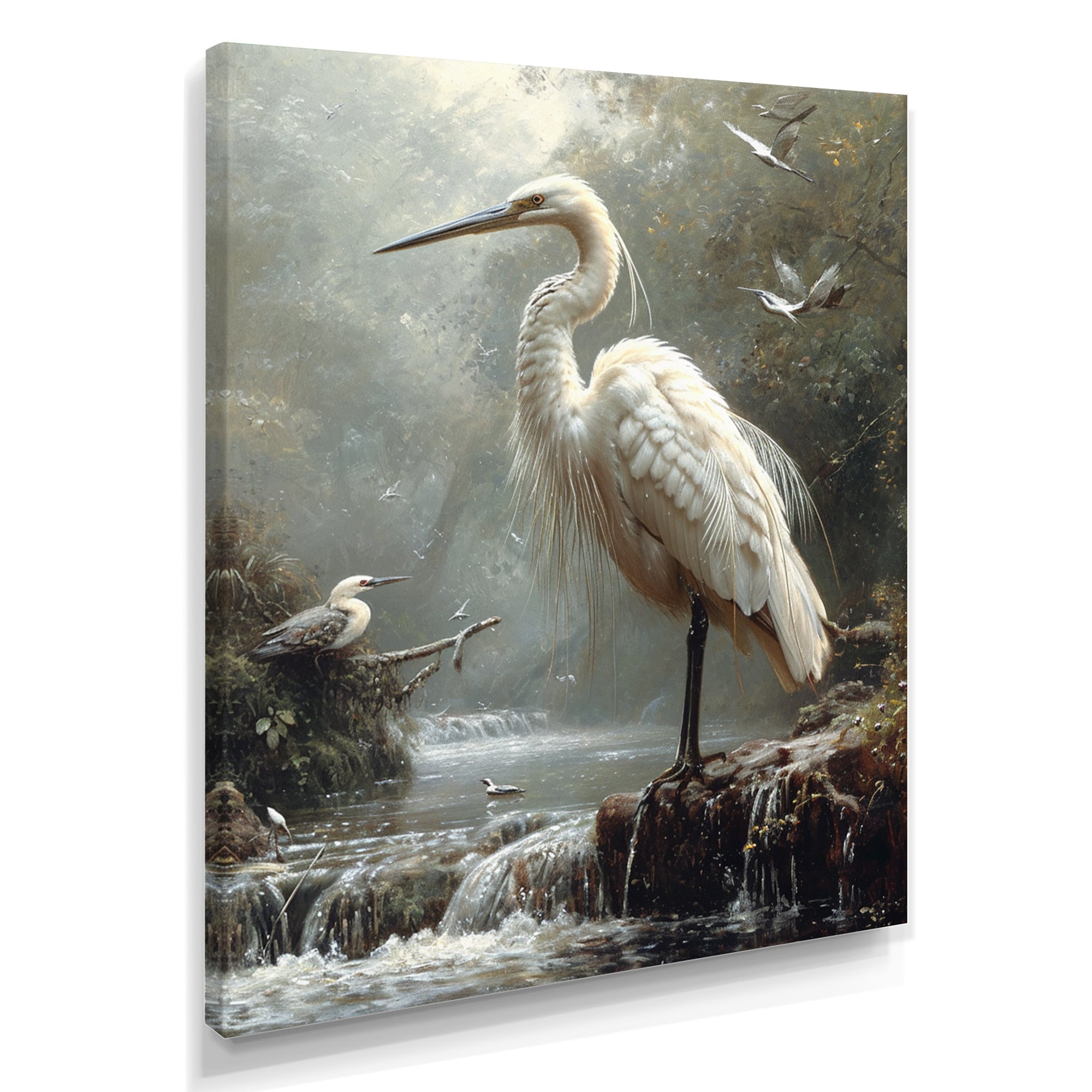 White Heron Looking For River Pray - Heron Framed Canvas Art