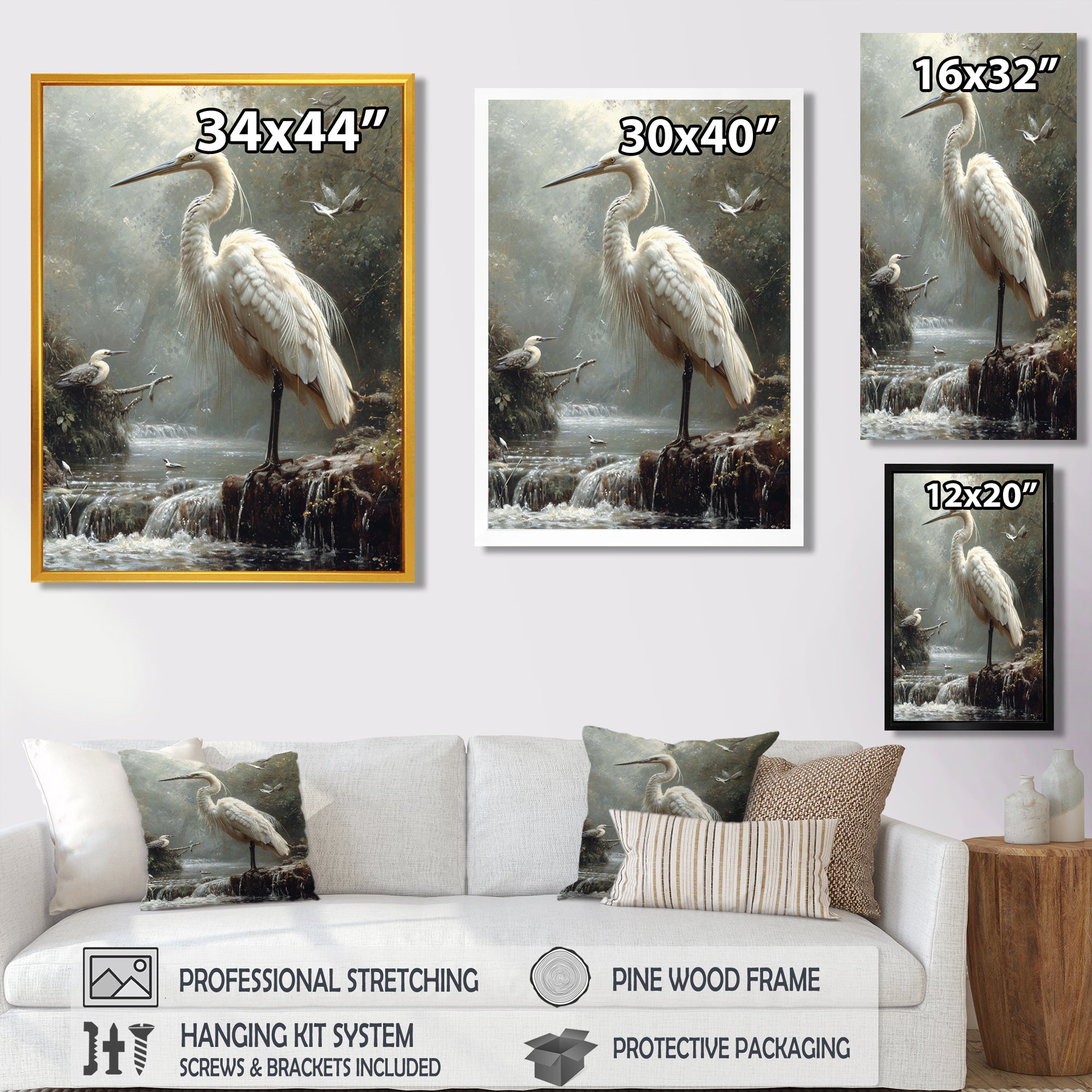 White Heron Looking For River Pray - Heron Framed Canvas Art