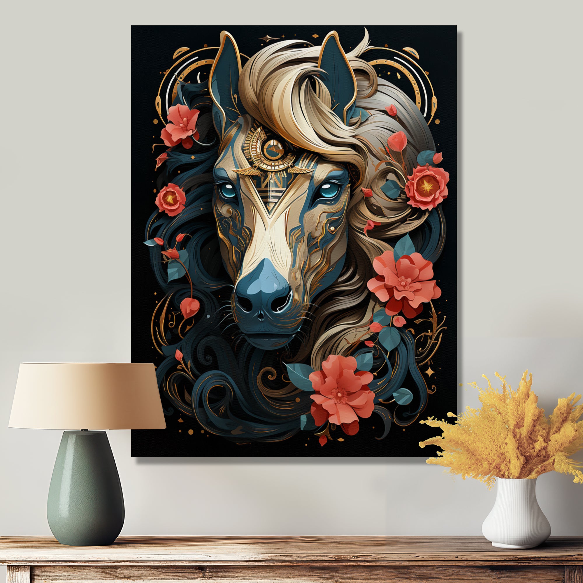 Future Horse Portrait Blooming Flowers - Horse Bedroom Wall Art