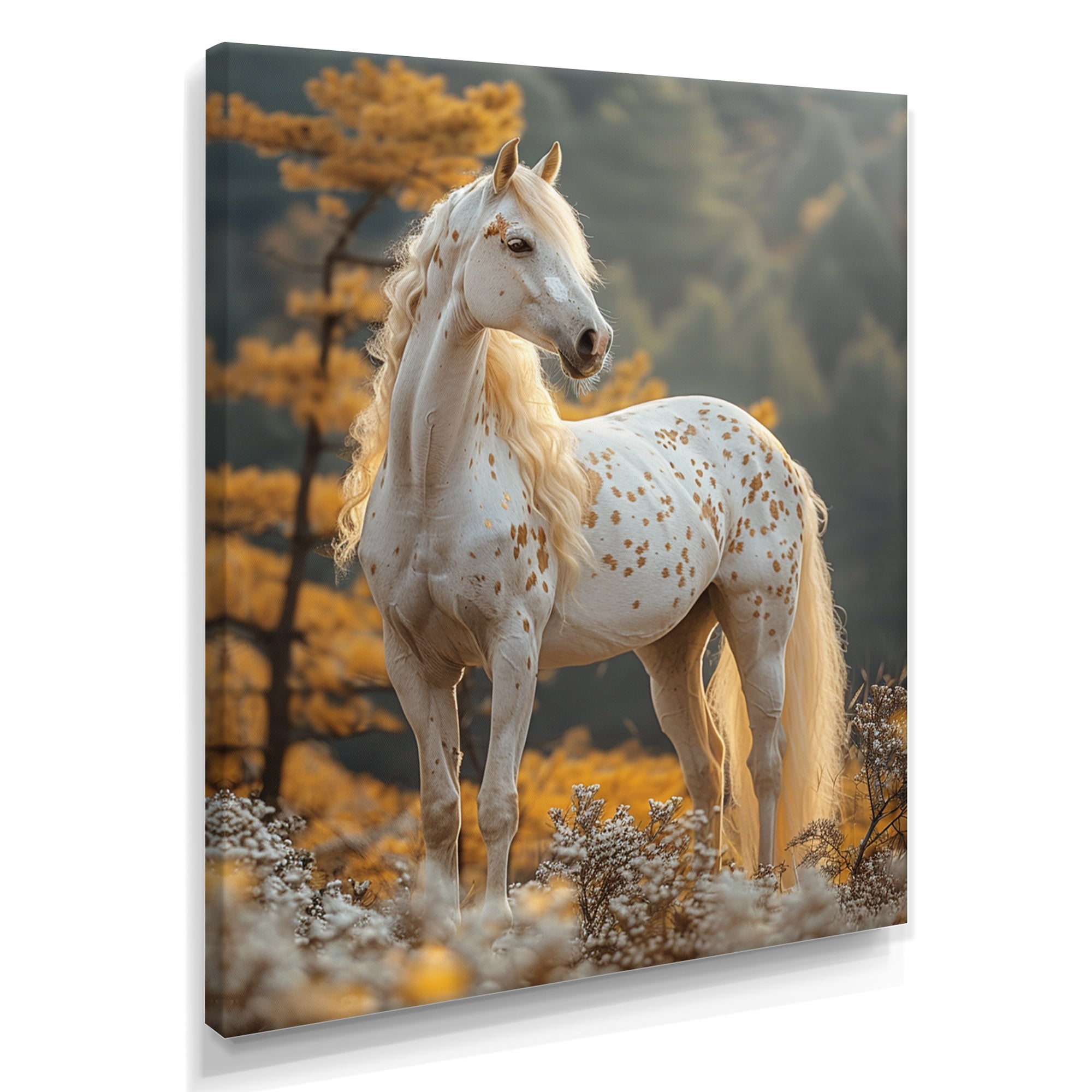 Majestic White Horse Autumn Forest Sunset - Horse Canvas Wall Art