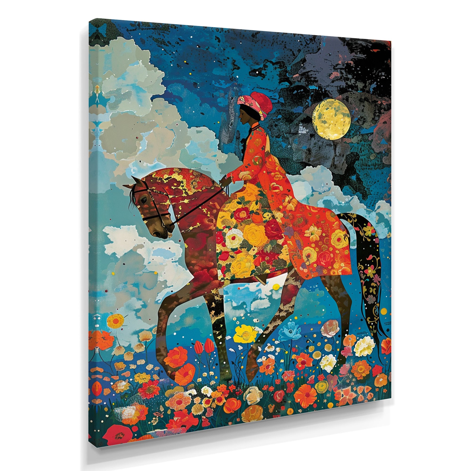 Lady Riding Horse Full Moon Flower Field - Horse Wall Art Prints