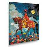 Lady Riding Horse Full Moon Flower Field - Horse Wall Art Prints