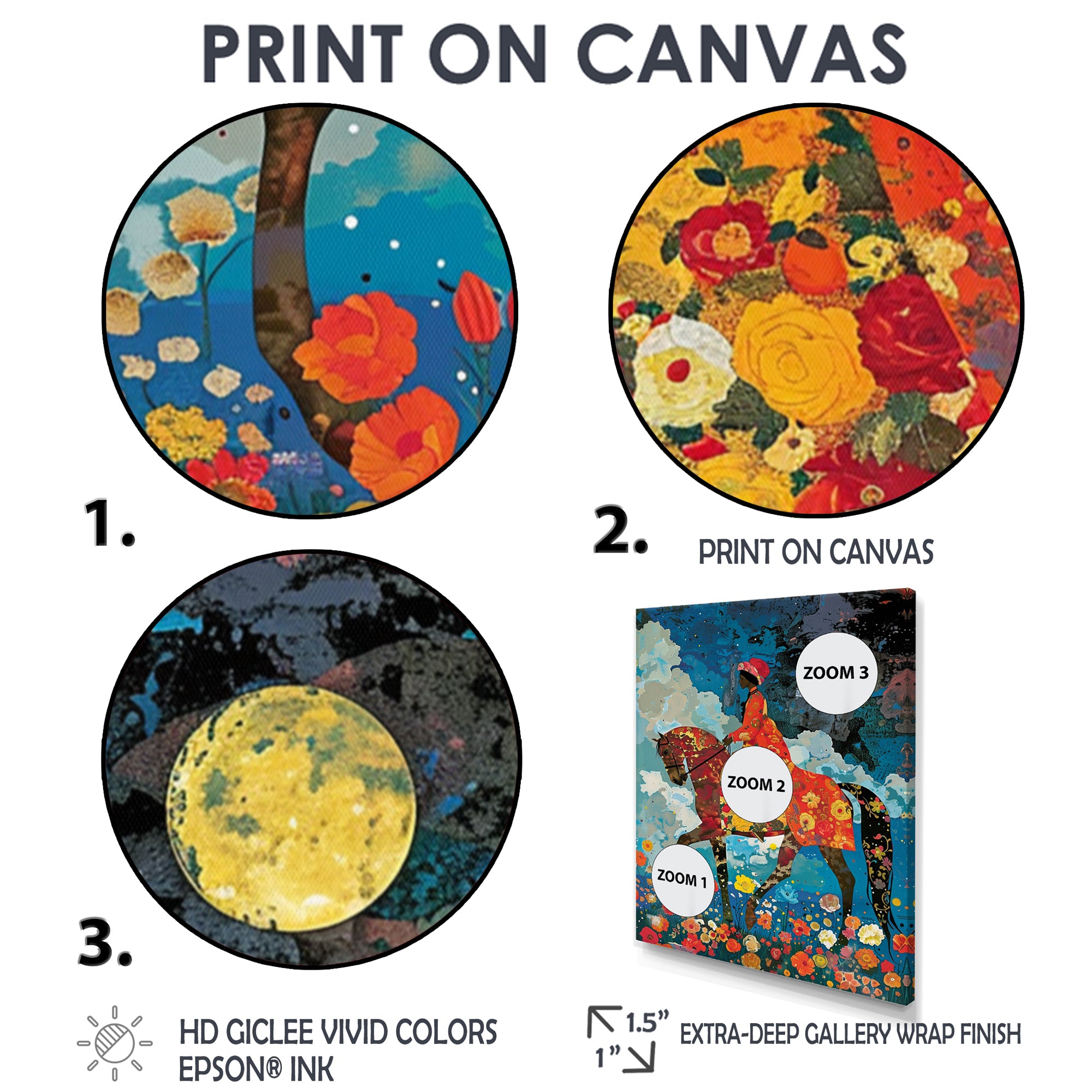 Lady Riding Horse Full Moon Flower Field - Horse Wall Art Prints