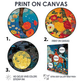 Lady Riding Horse Full Moon Flower Field - Horse Wall Art Prints