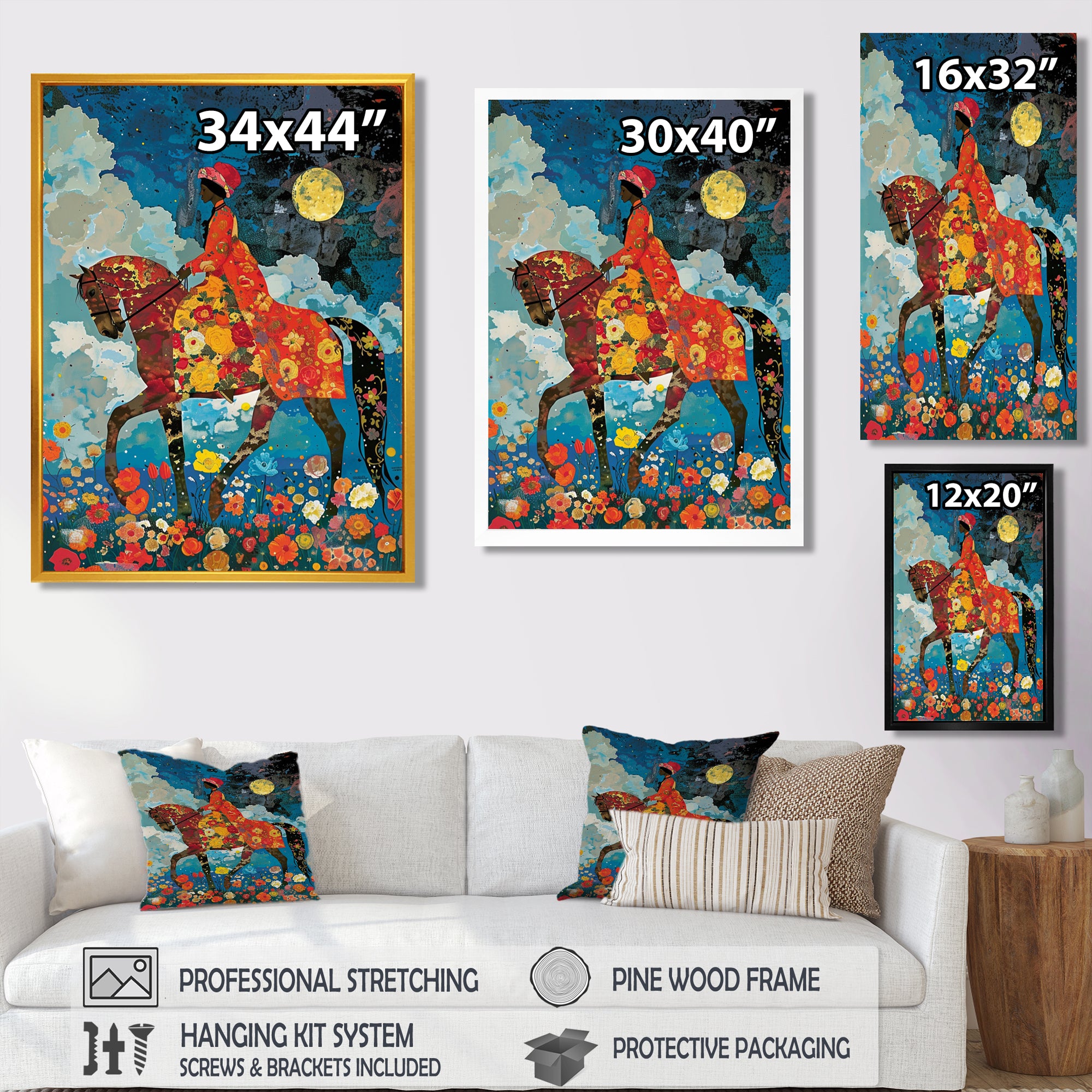 Lady Riding Horse Full Moon Flower Field - Horse Wall Art Prints