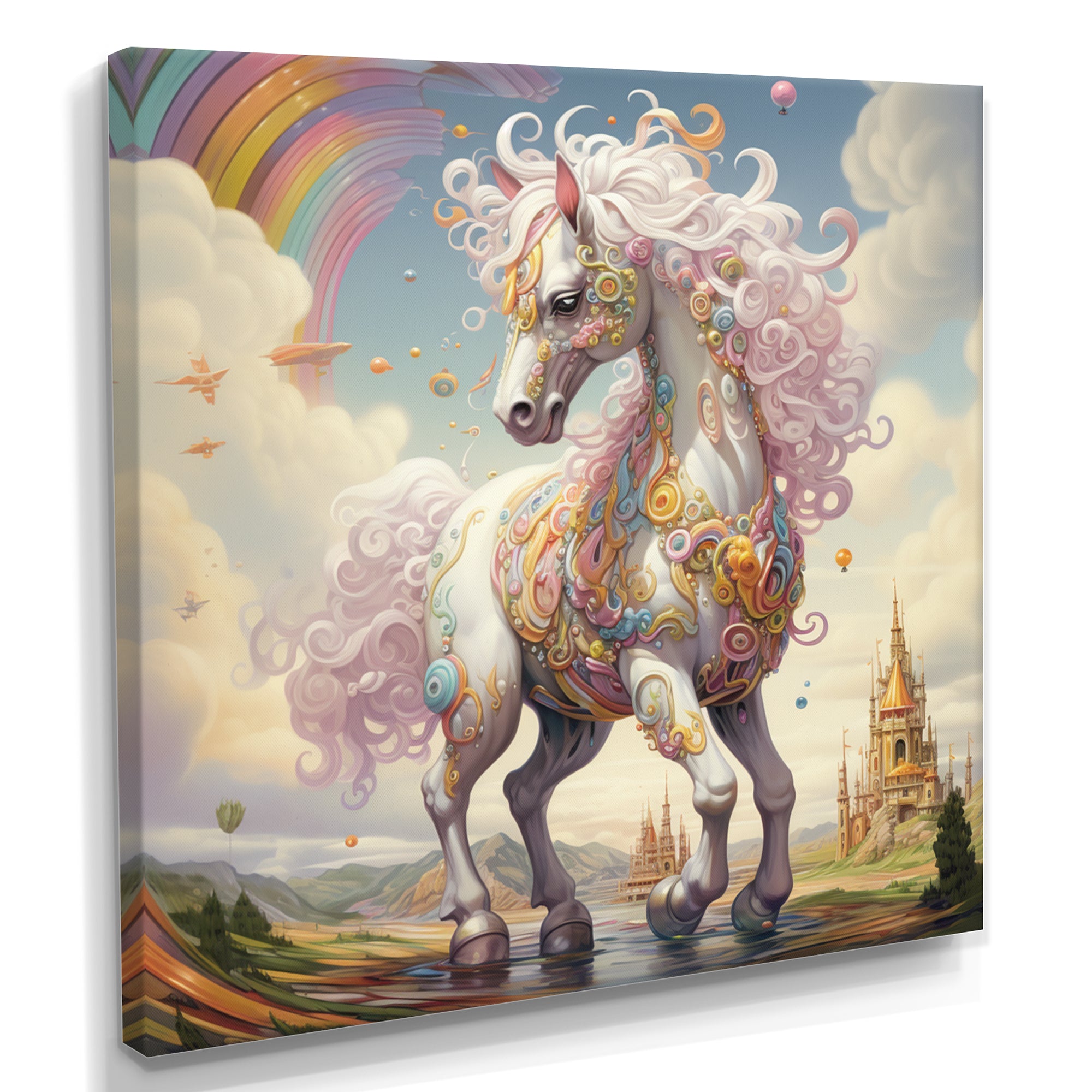 White Unicorn Horse Pink Manes Rainbow - Horse Framed Canvas Art