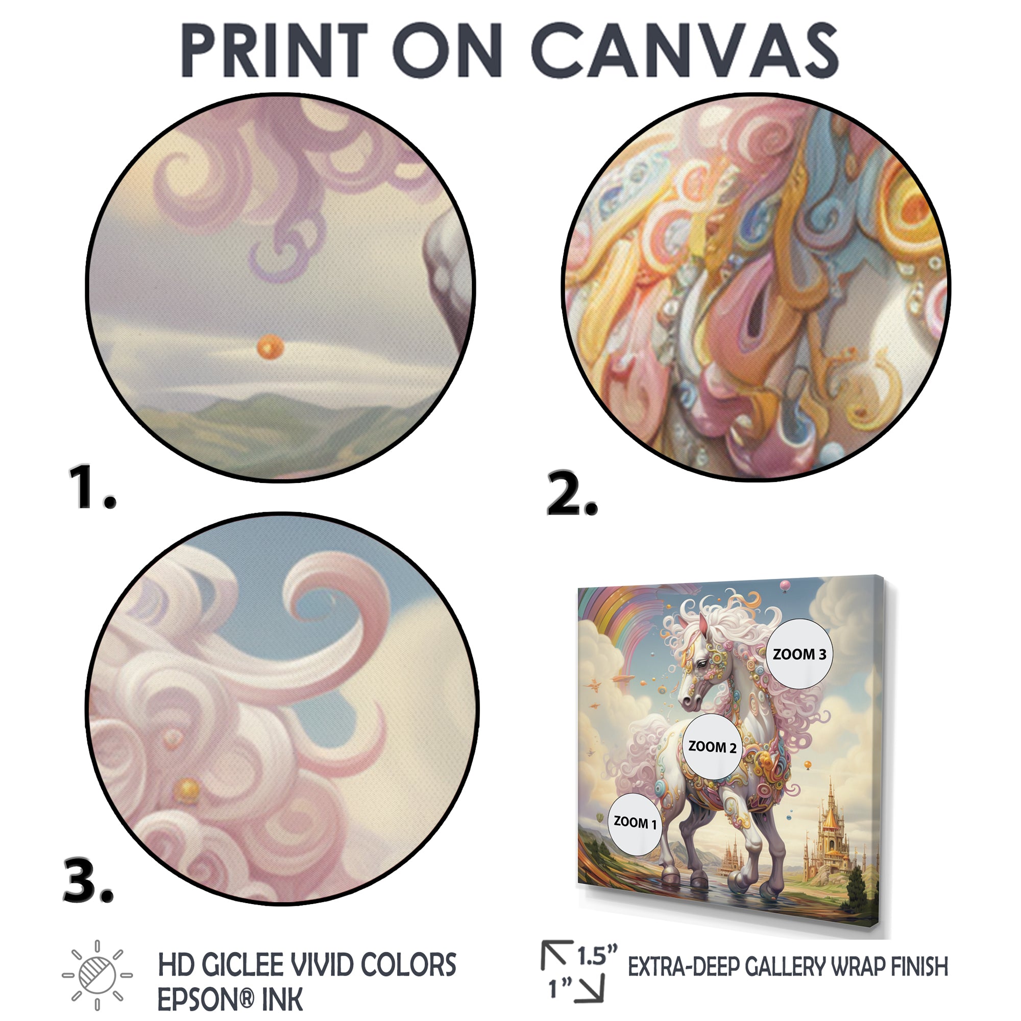 White Unicorn Horse Pink Manes Rainbow - Horse Framed Canvas Art