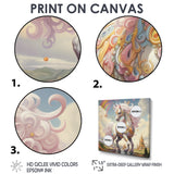 White Unicorn Horse Pink Manes Rainbow - Horse Framed Canvas Art