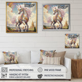 White Unicorn Horse Pink Manes Rainbow - Horse Framed Canvas Art