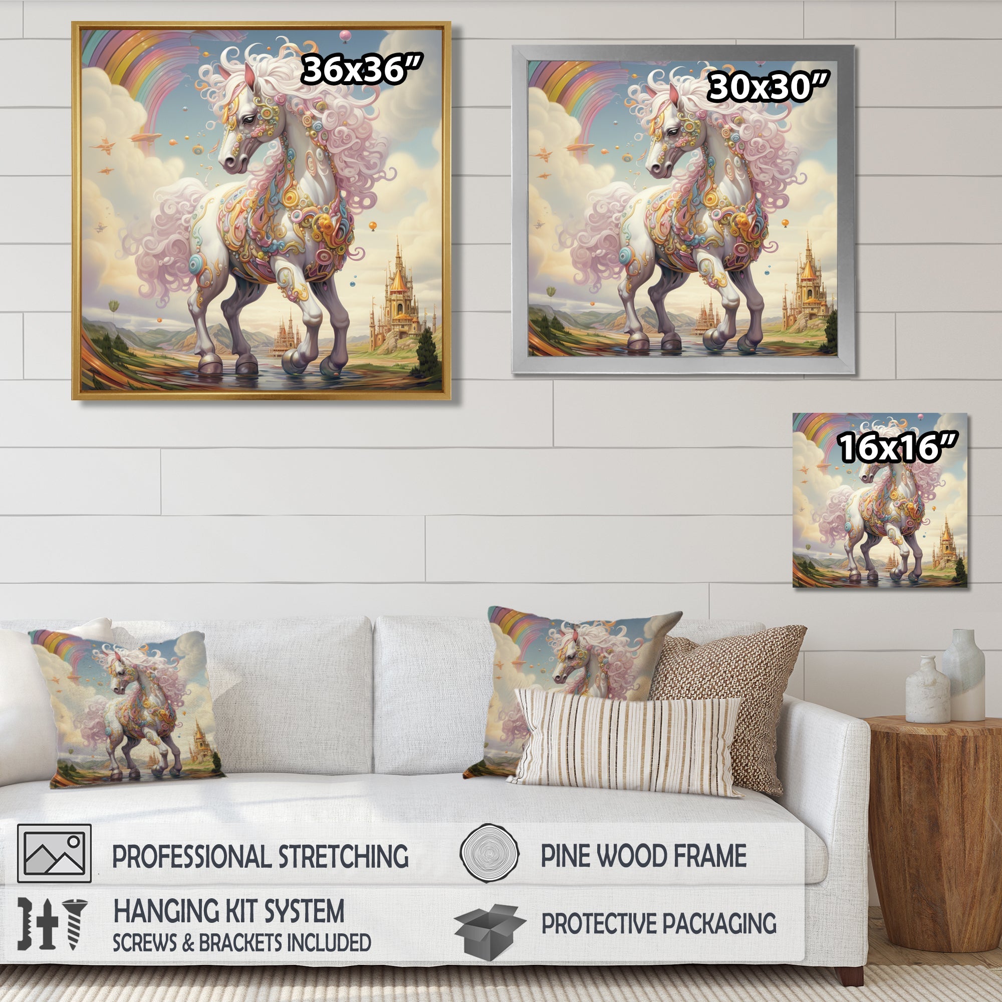 White Unicorn Horse Pink Manes Rainbow - Horse Framed Canvas Art
