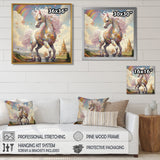 White Unicorn Horse Pink Manes Rainbow - Horse Framed Canvas Art