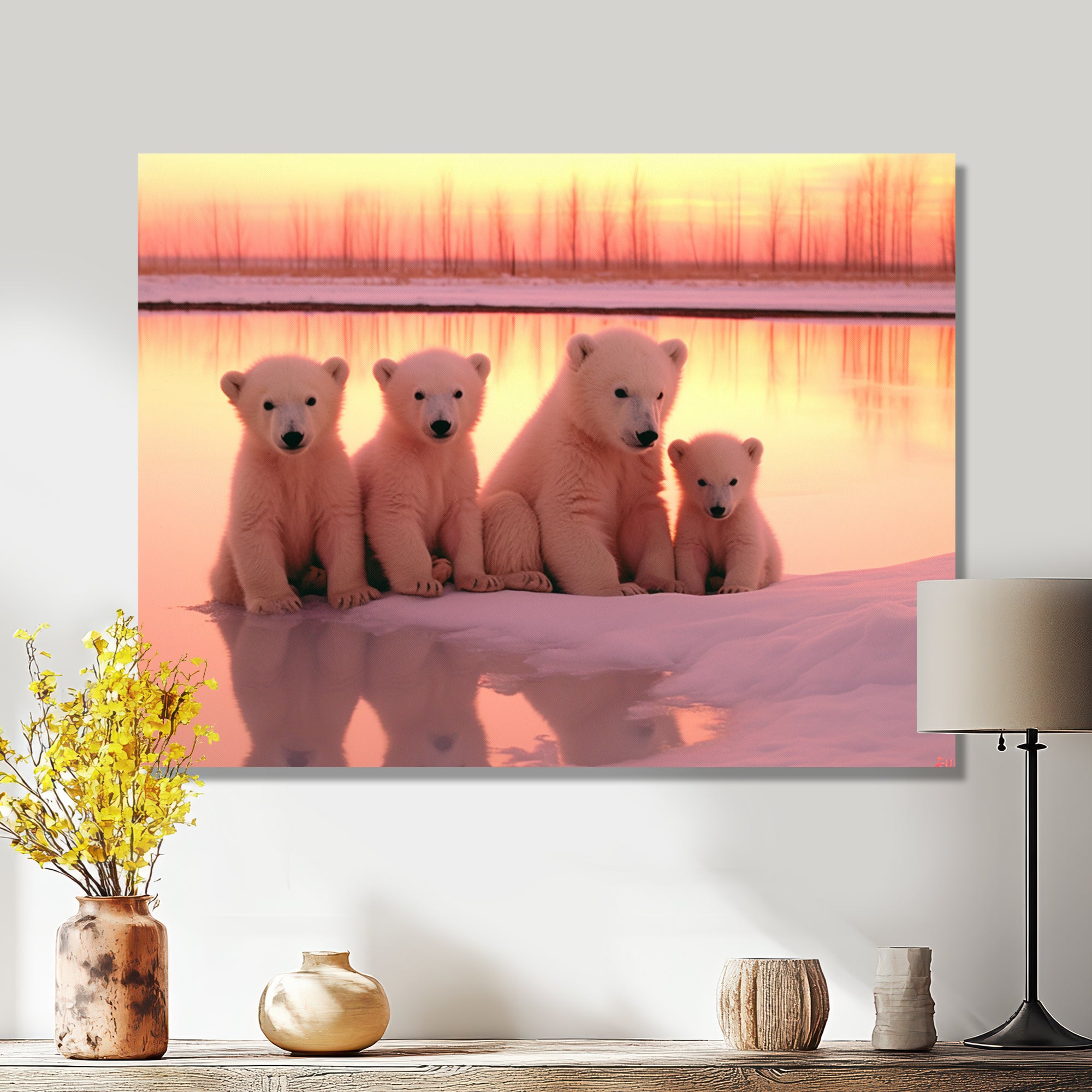 Four Adorable Polar Bears Pink Sunset - Bear Landscape Living Room Wall Art