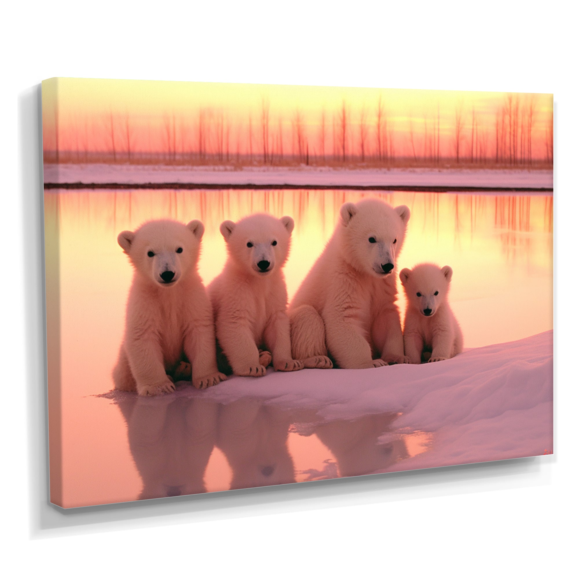 Four Adorable Polar Bears Pink Sunset - Bear Landscape Living Room Wall Art