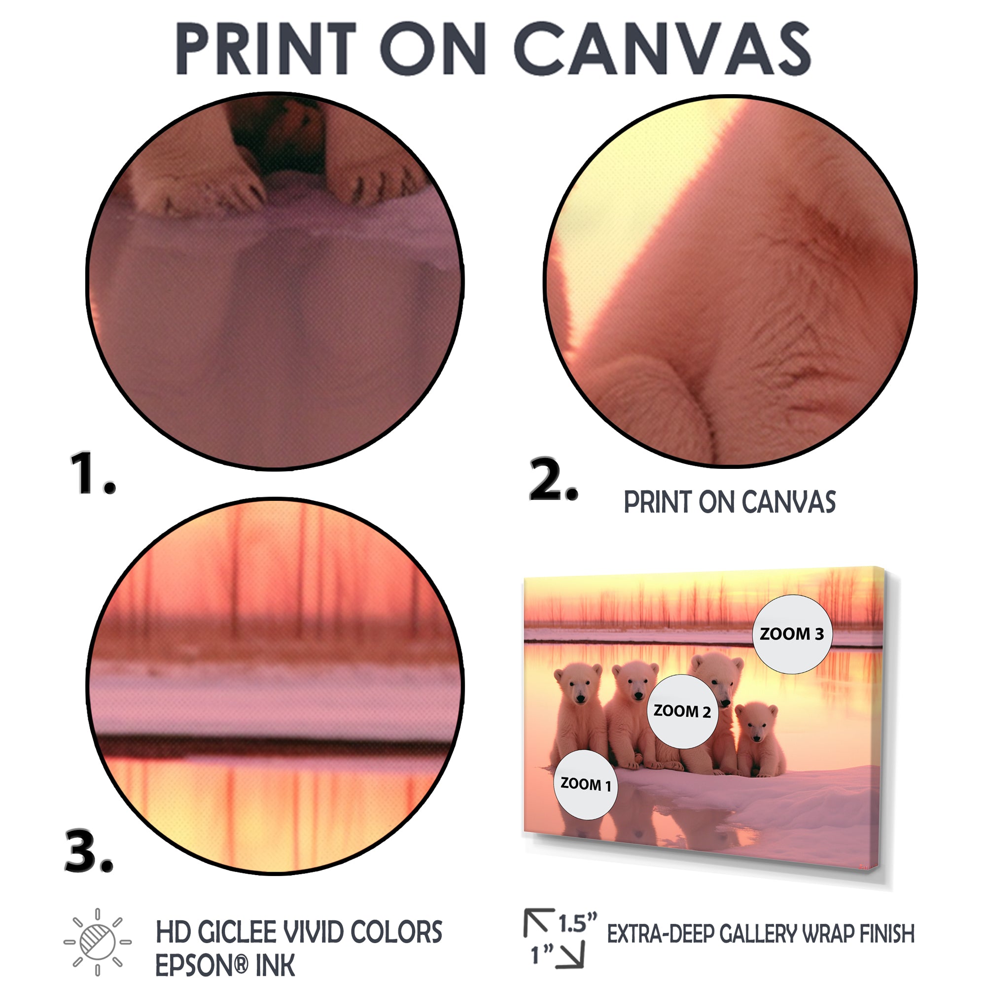 Four Adorable Polar Bears Pink Sunset - Bear Landscape Living Room Wall Art
