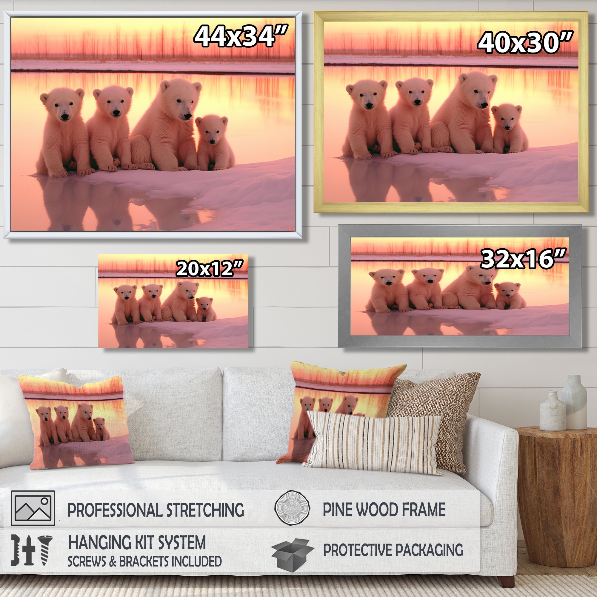 Four Adorable Polar Bears Pink Sunset - Bear Landscape Living Room Wall Art