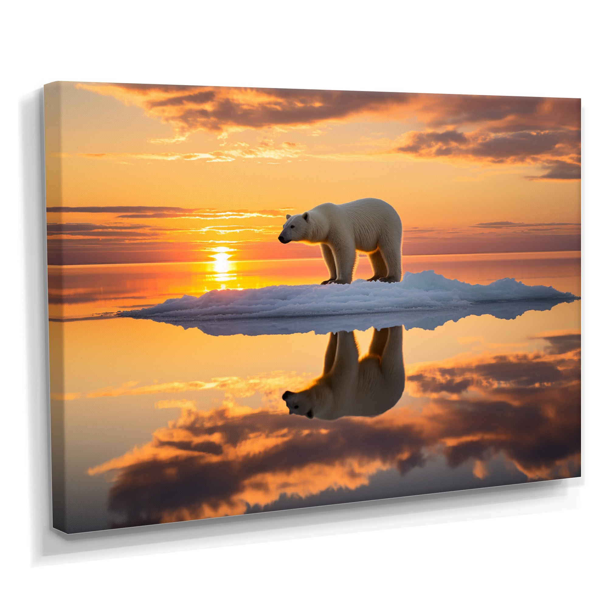 Polar Bear On Iceberg Pink Sunset - Bear Landscape Bedroom Wall Art