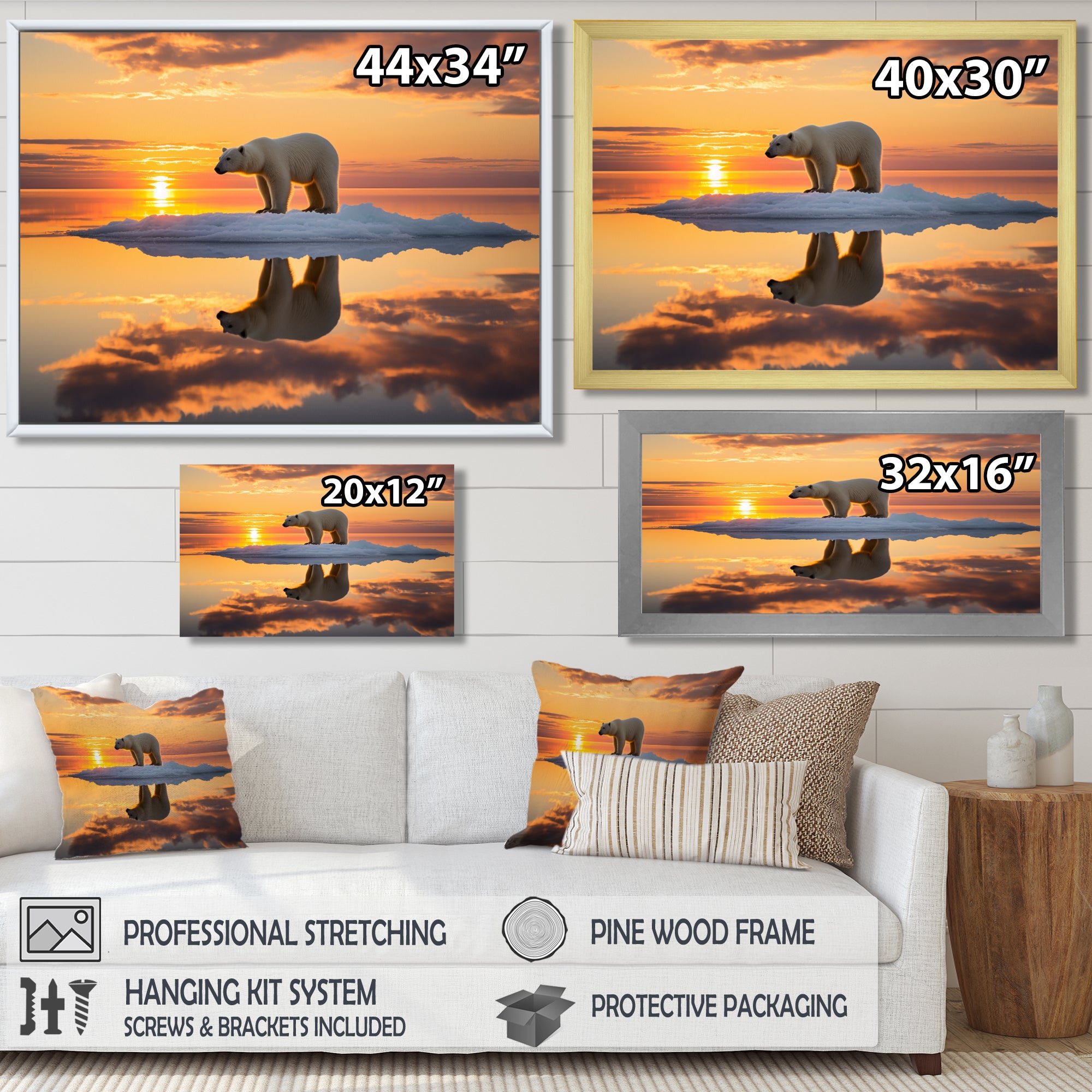 Polar Bear On Iceberg Pink Sunset - Bear Landscape Bedroom Wall Art