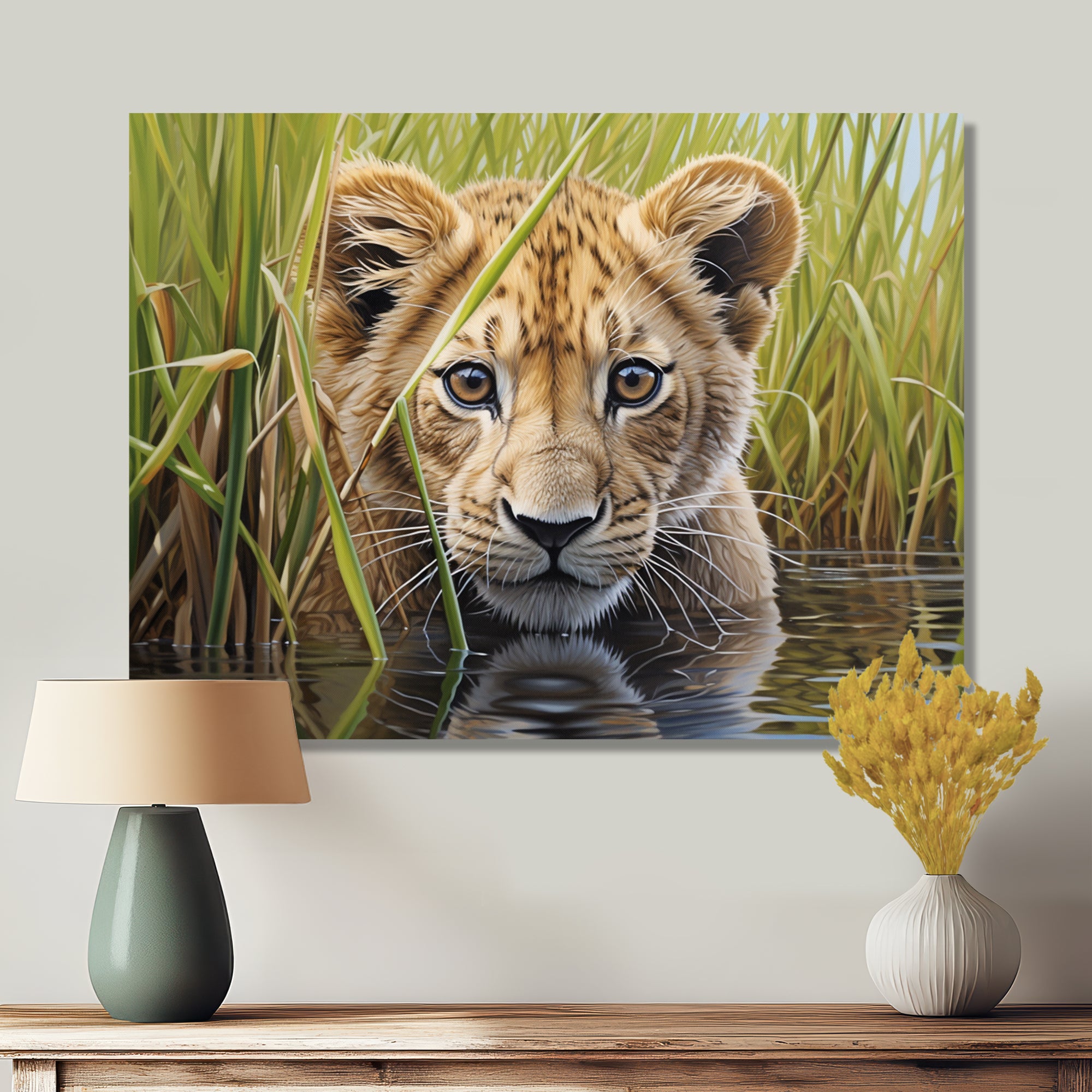 Endearing Lion Cub By The River - Lion Large Canvas Wall Art