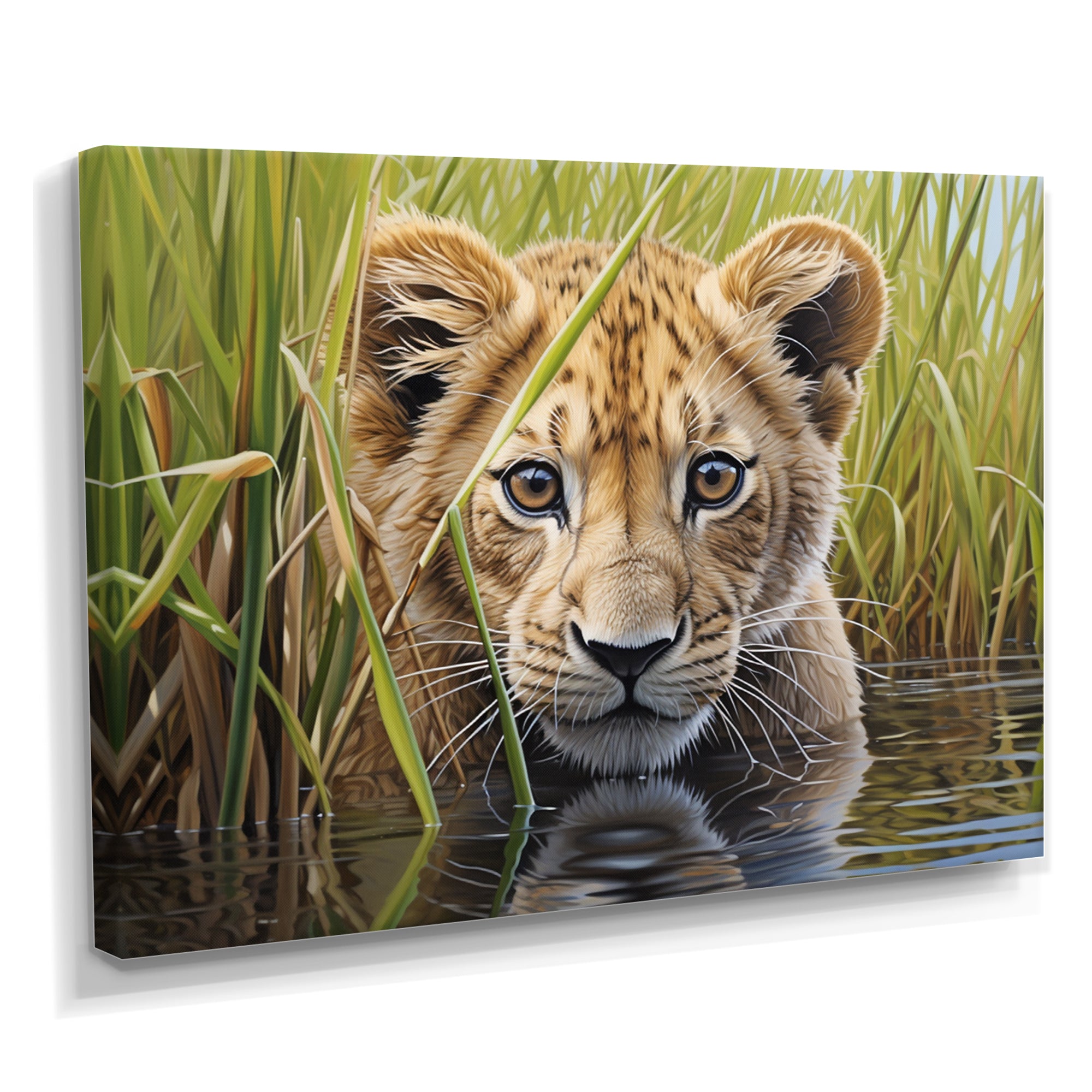 Endearing Lion Cub By The River - Lion Large Canvas Wall Art