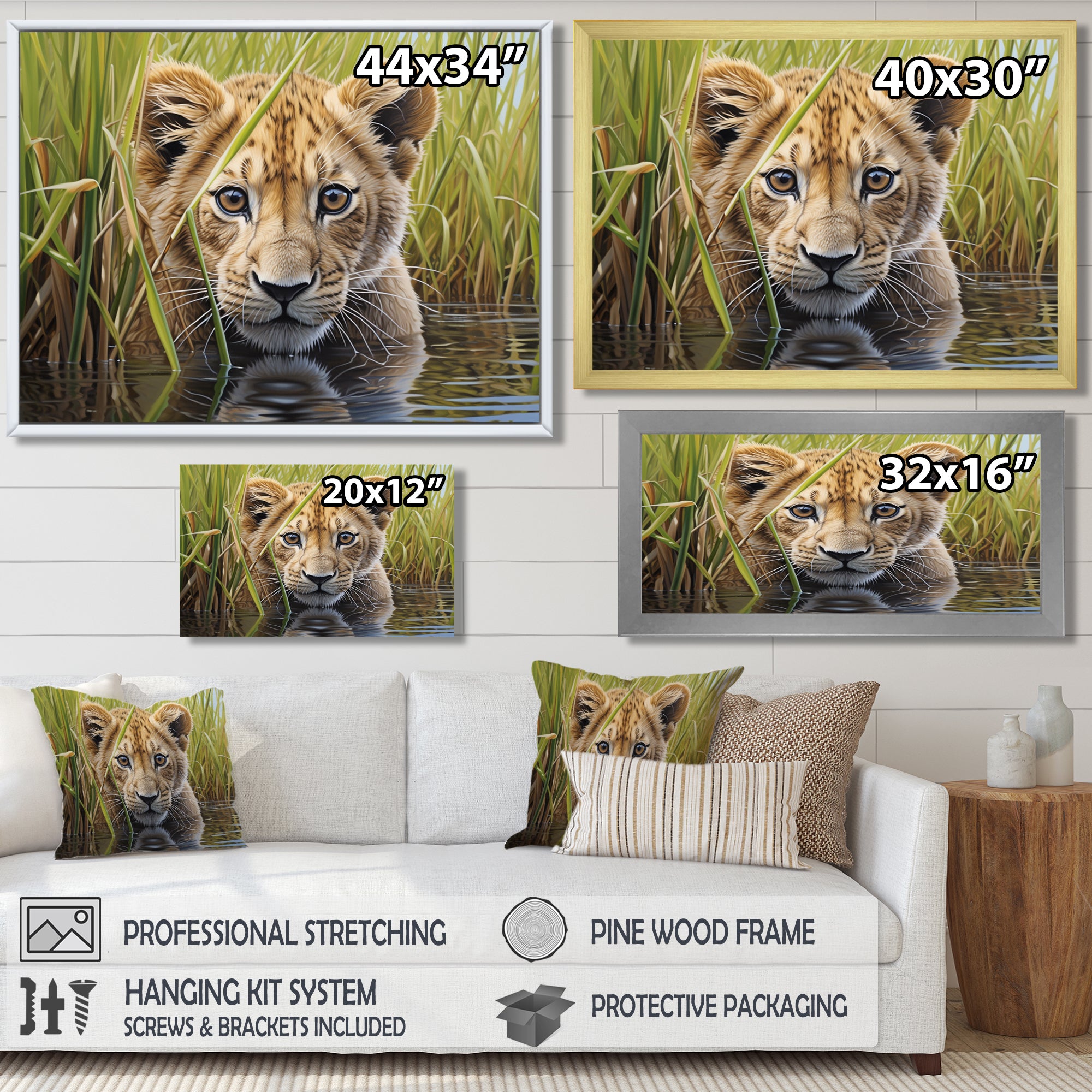 Endearing Lion Cub By The River - Lion Large Canvas Wall Art