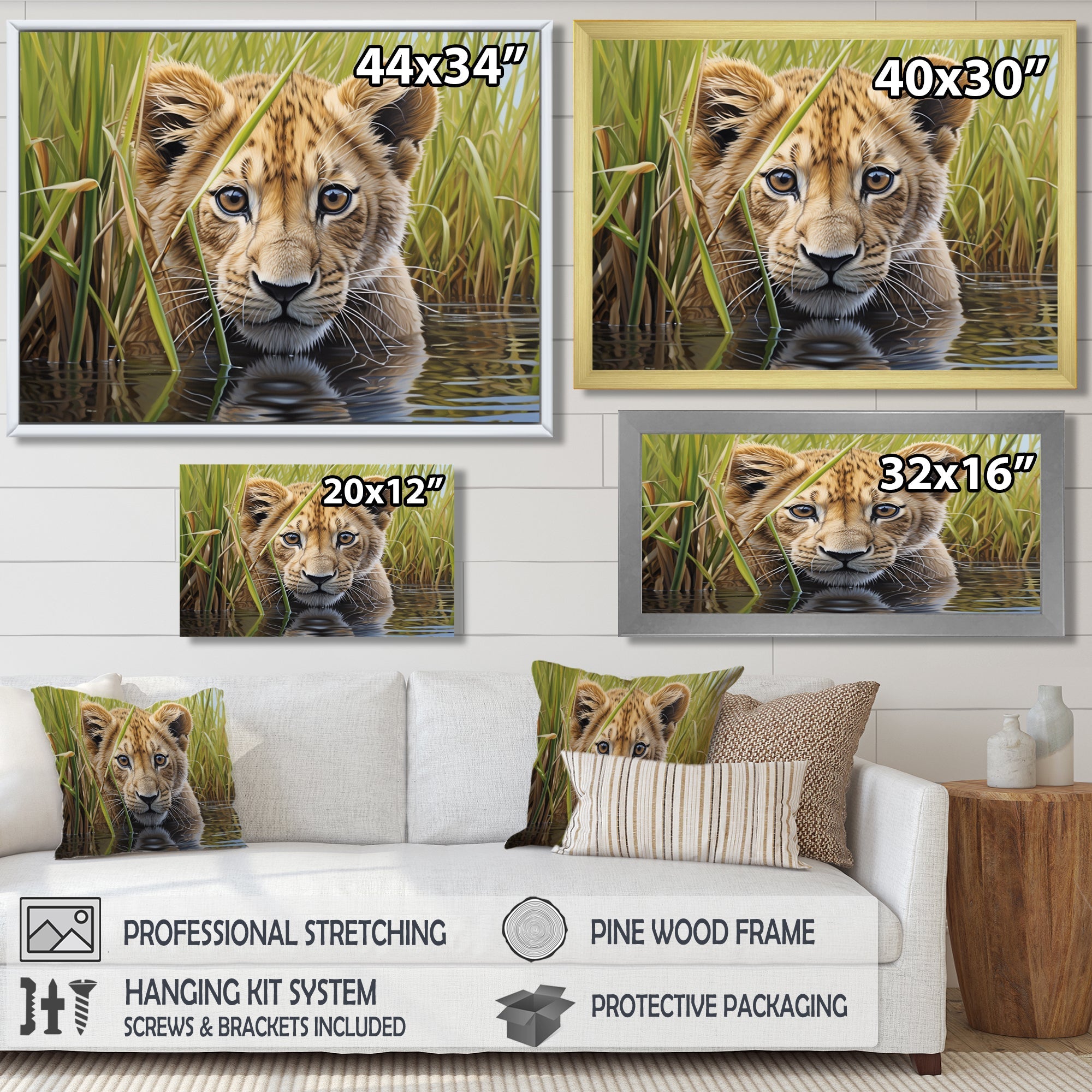 Endearing Lion Cub By The River - Lion Large Canvas Wall Art