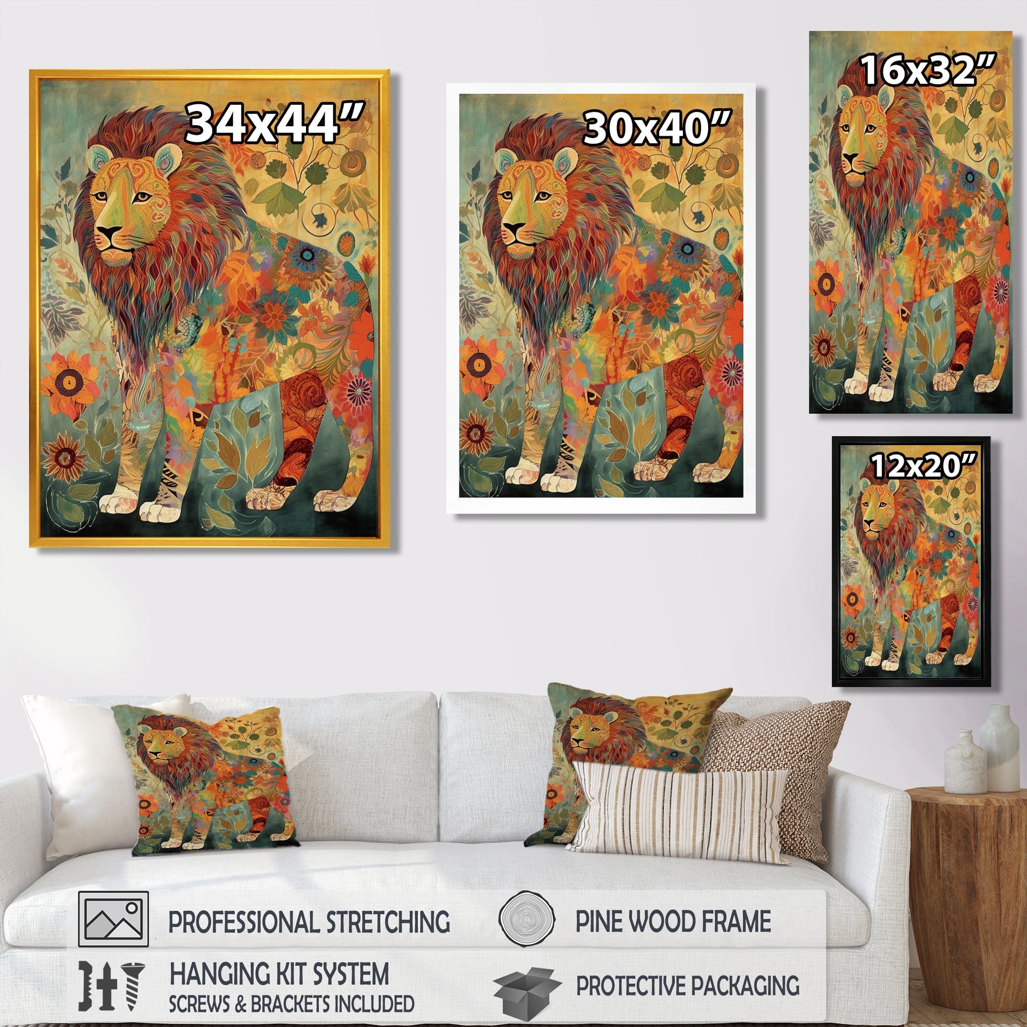 Flowerful Boho Lion Retro Illustration - Lion Living Room Wall Art