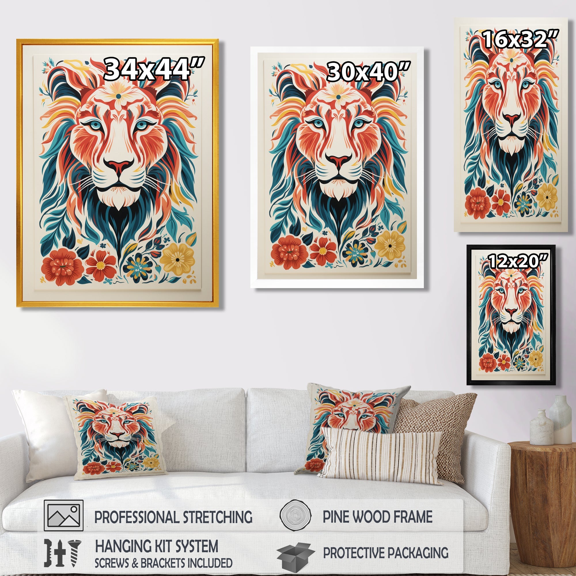 Multi-color LION GRAPHIC - Lion Bedroom Wall Art