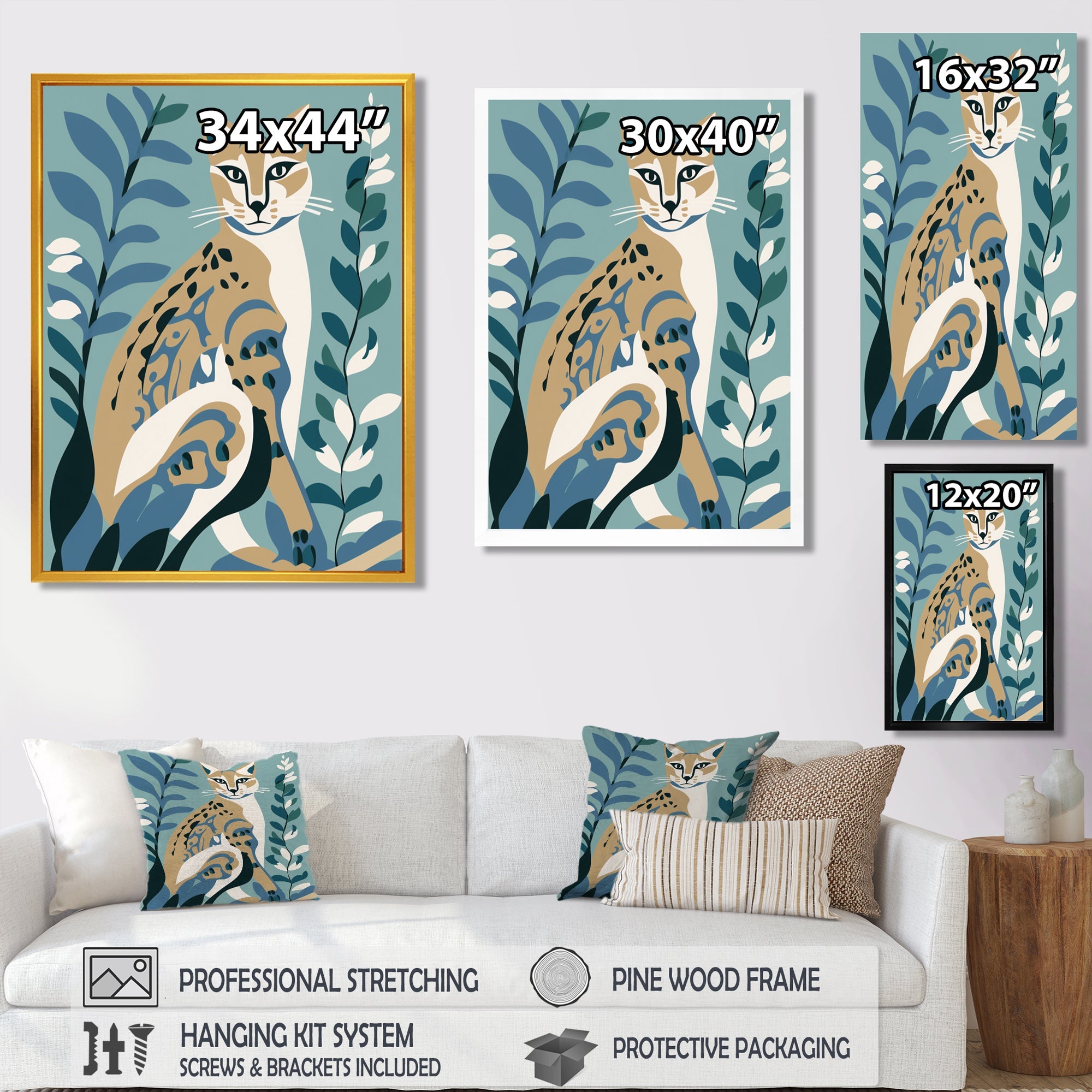 Lynx Portrait Faded Retro Blue Illustration - Brown Cat Wall Art