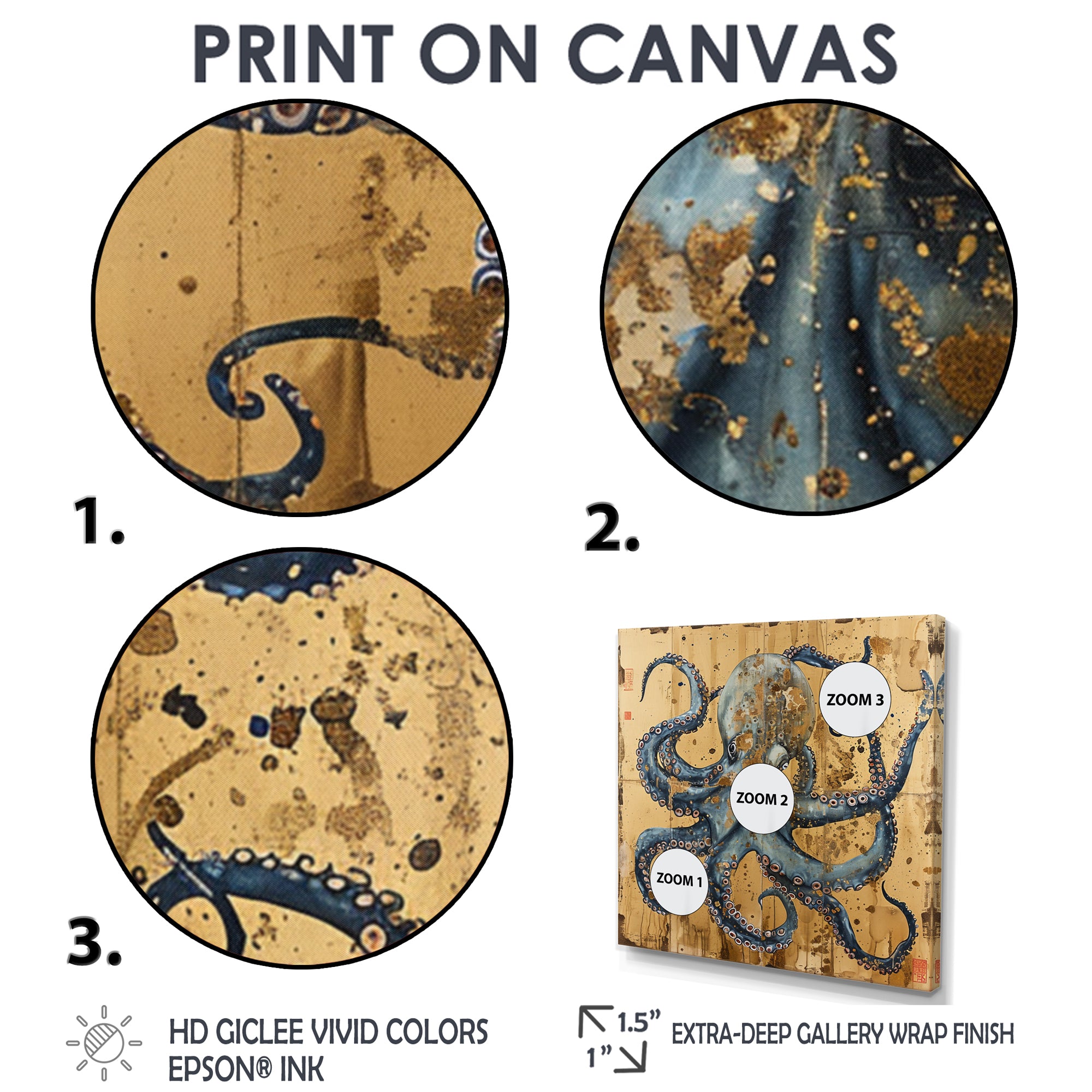Blue Octopus Asian Vintage Gold - Octopus Large Canvas Wall Art