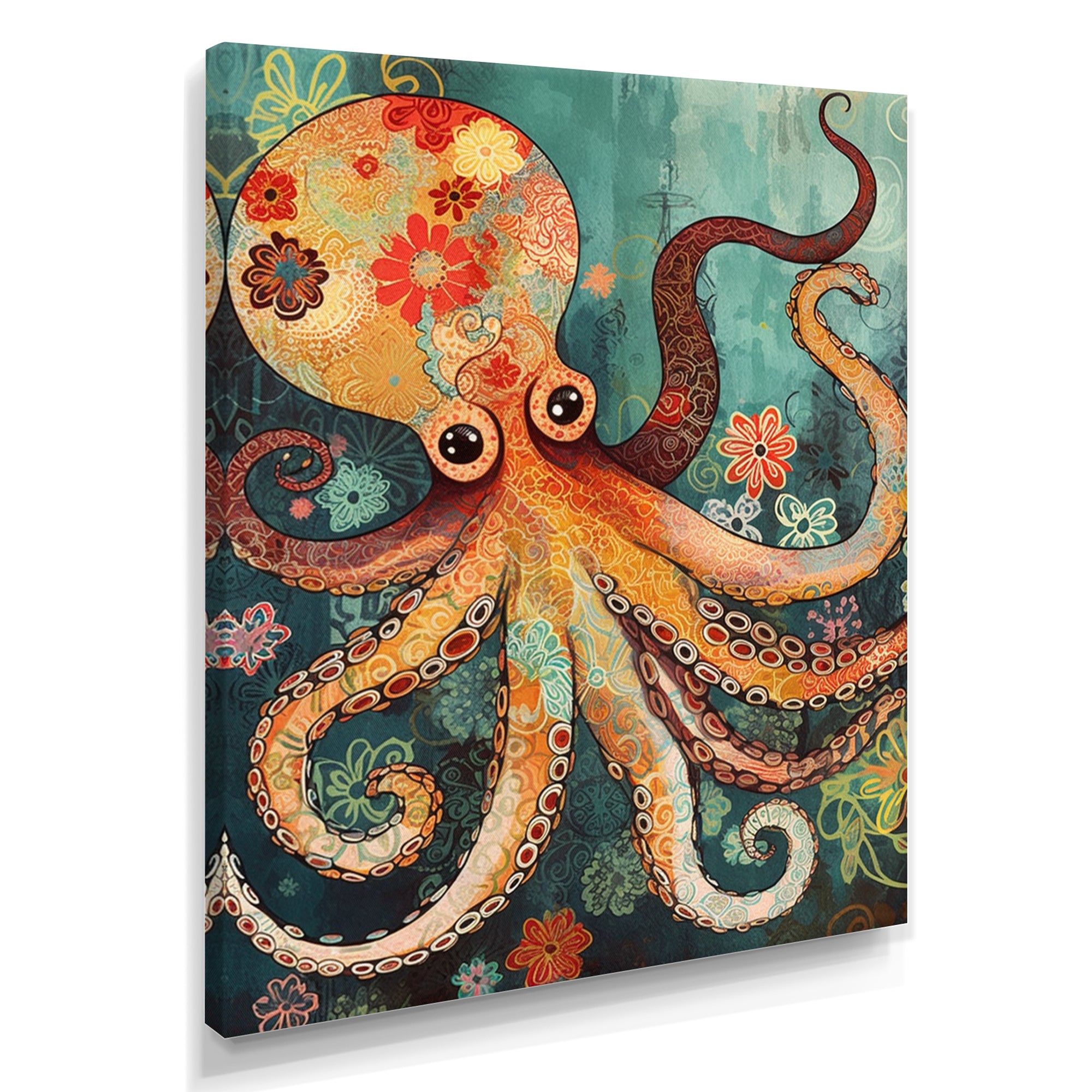 Flowerful Octopus Deep Sea Boho Vintage - Octopus Living Room Wall Art